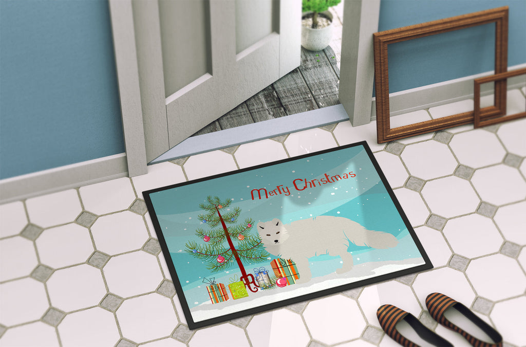 White Arctic Fox Christmas Doormat Indoor Outdoor 24H X 36W Front Door Mat Rugs for Entryway, Non Slip Washable Low Pile,