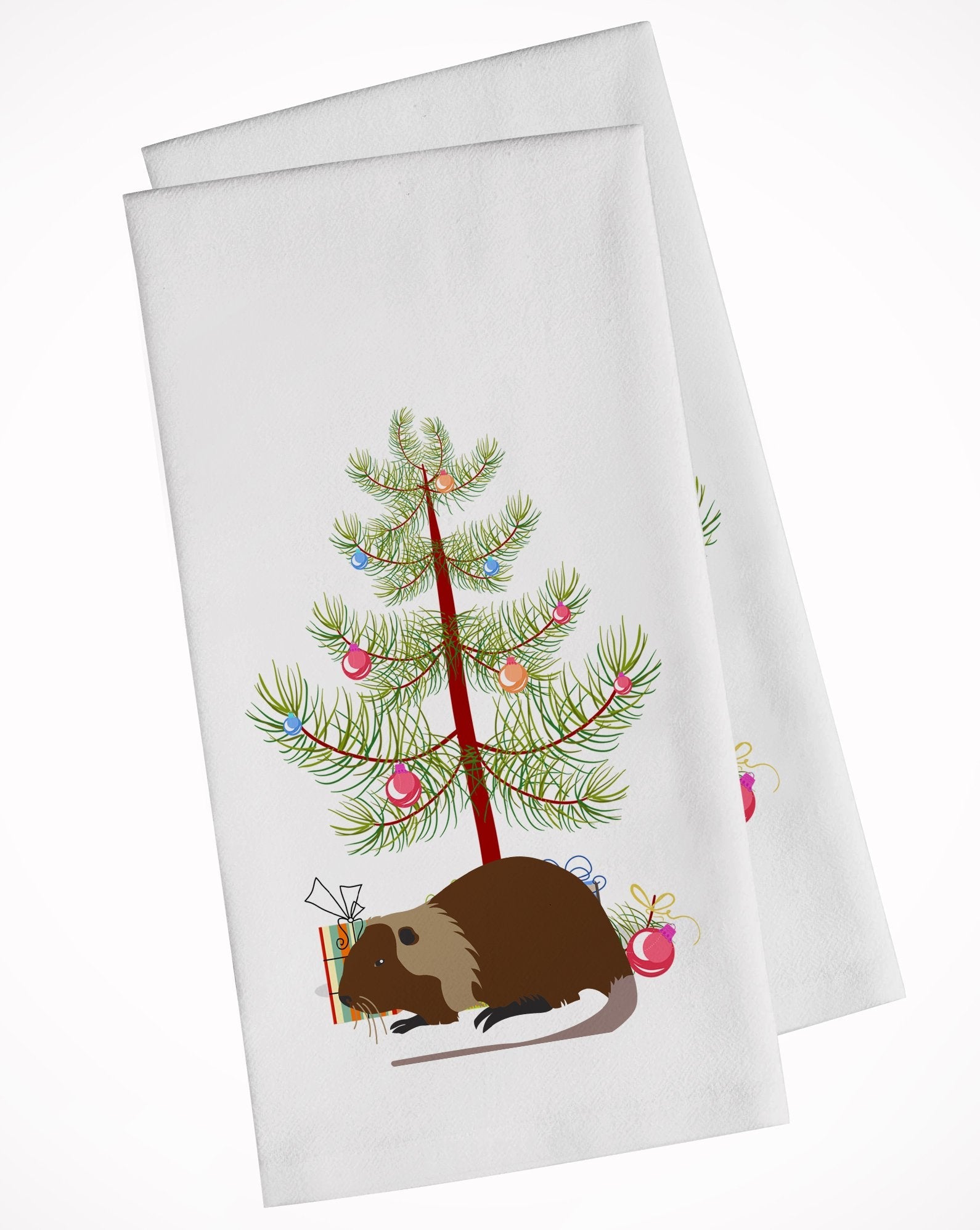 Coypu Nutria River Rat Christmas Kitchen Towel Set of 2 White Dish Towels Decorative Bathroom Hand towel for Hand, Face, Hair, Yoga, Tea, Dishcloth, 19 X 28", White