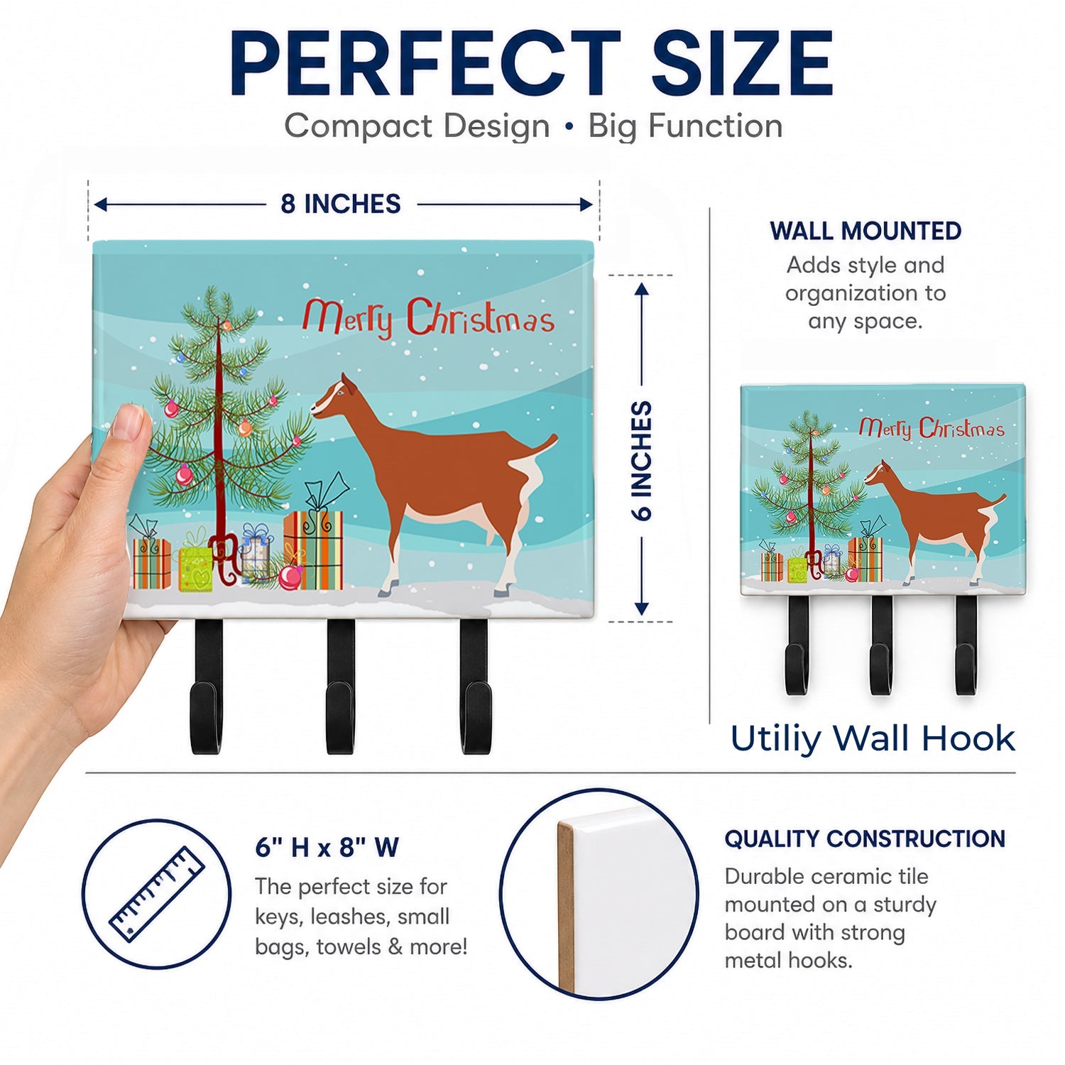 Toggenburger Goat Christmas Leash or Key Holder Wall Hooks, Coat Rack Wall Mount, for Hanging Keys, Towels, Aprons, Leashes