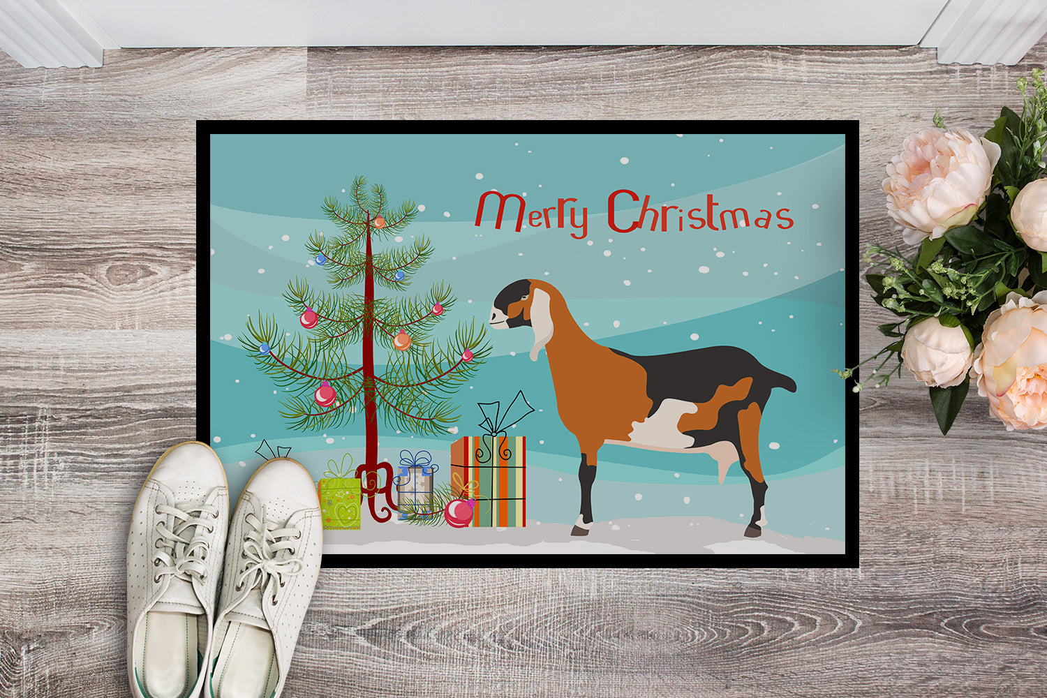 Anglo-nubian Nubian Goat Christmas Doormat Indoor Outdoor 18H X 27W Front Door Mat Rugs for Entryway, Non Slip Washable