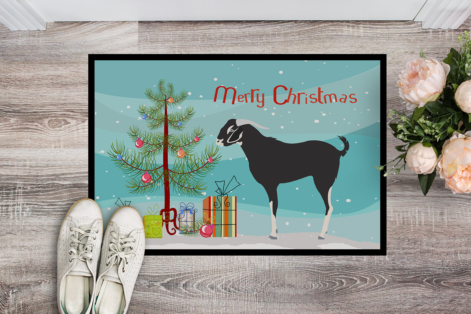 Black Bengal Goat Christmas Doormat Indoor Outdoor 24H X 36W Front Door Mat Rugs for Entryway, Non Slip Washable Low Pile,