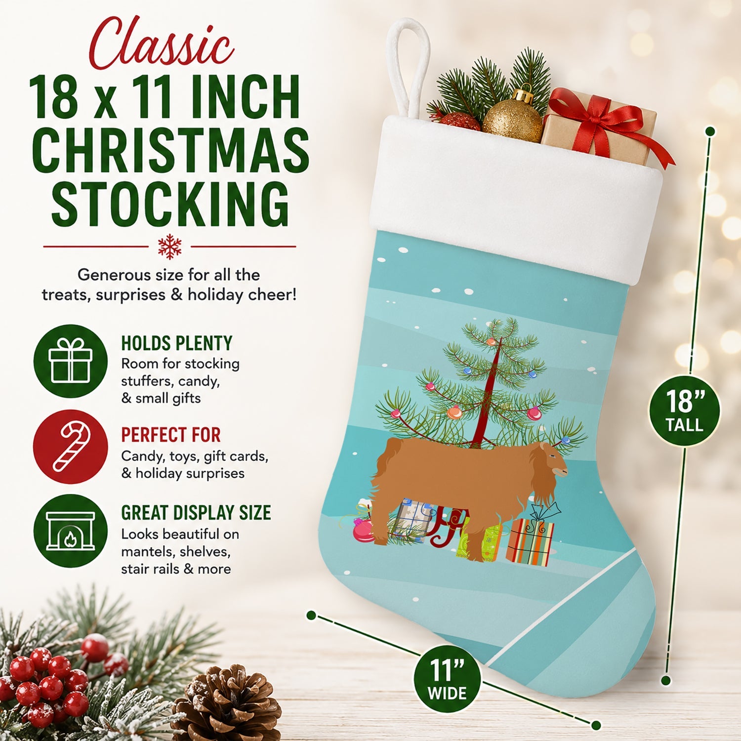 American Lamancha Goat Christmas Holiday Stocking Double-Sided Print, Polyester Suede,11x18, Made in USA