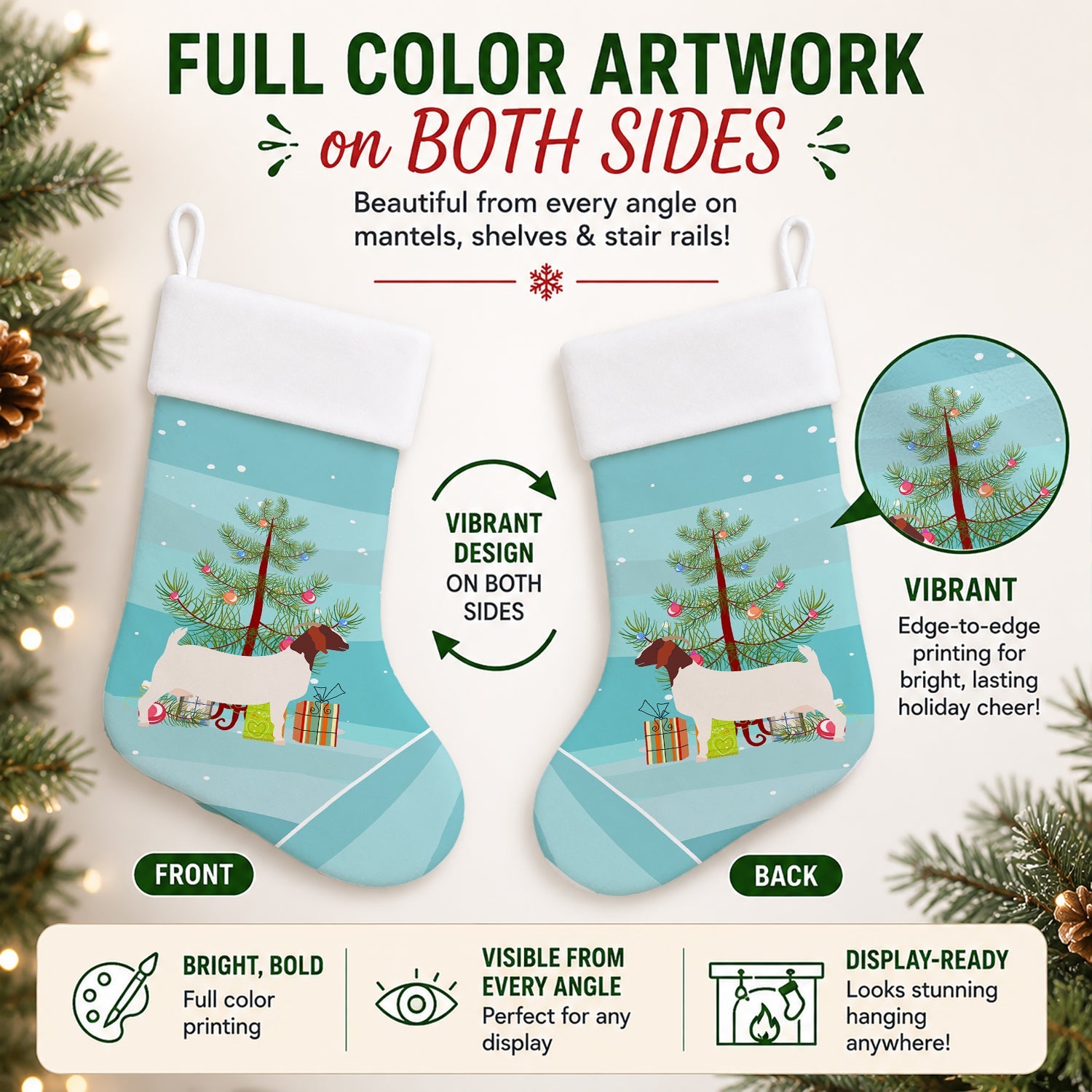 Boer Goat Christmas Holiday Stocking Double-Sided Print, Polyester Suede,11x18, Made in USA