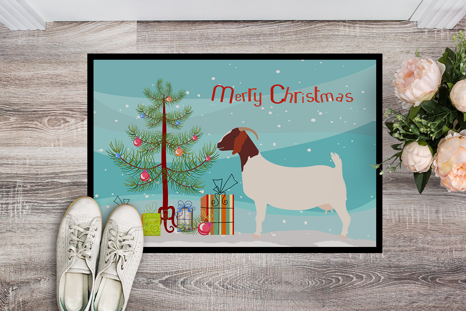 Boer Goat Christmas Doormat Indoor Outdoor 24H X 36W Front Door Mat Rugs for Entryway, Non Slip Washable Low Pile,