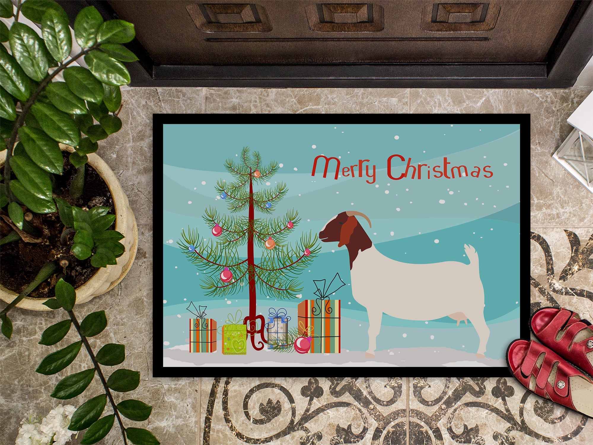 Boer Goat Christmas Doormat Indoor Outdoor 24H X 36W Front Door Mat Rugs for Entryway, Non Slip Washable Low Pile,