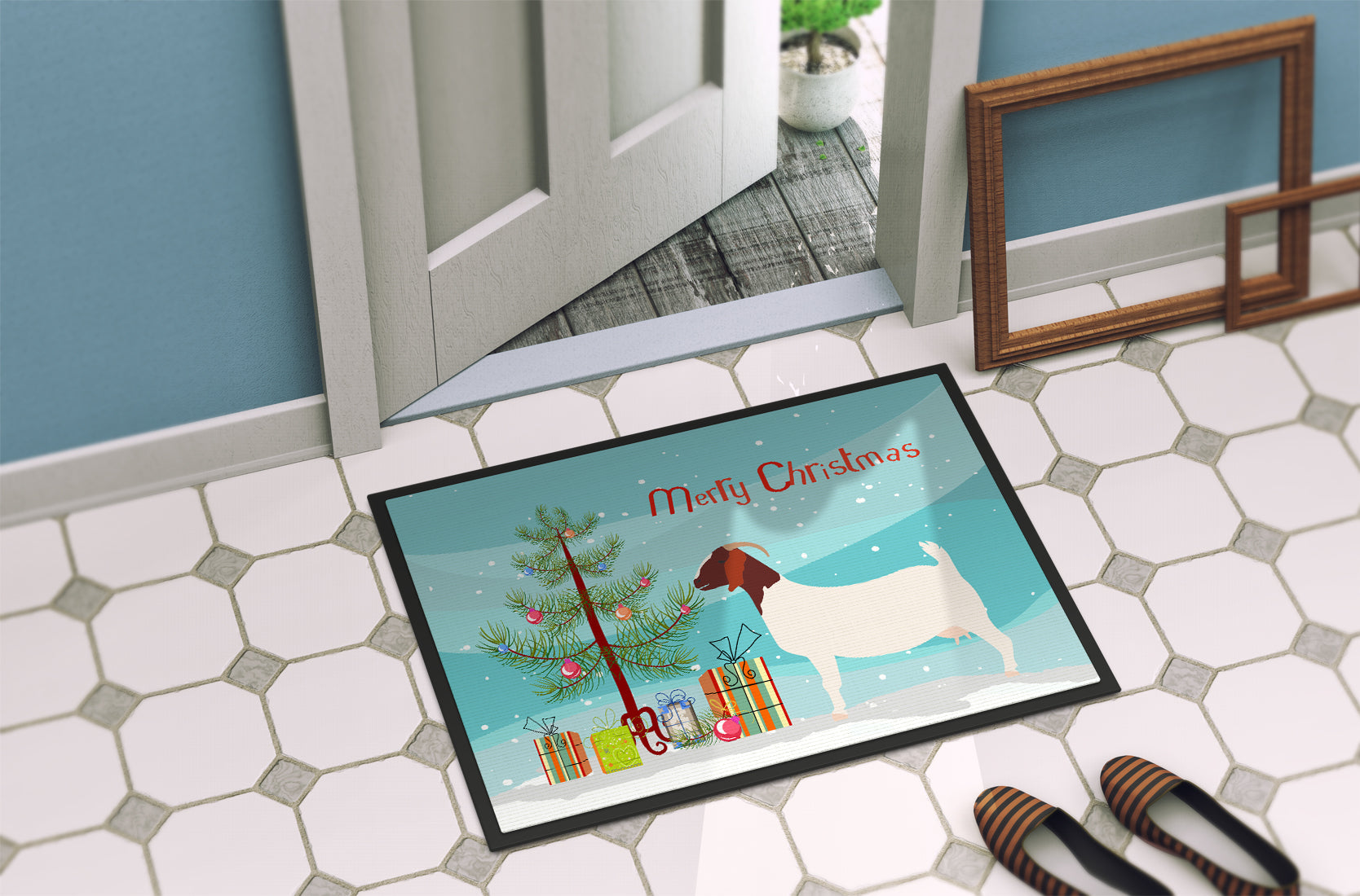 Boer Goat Christmas Doormat Indoor Outdoor 24H X 36W Front Door Mat Rugs for Entryway, Non Slip Washable Low Pile,