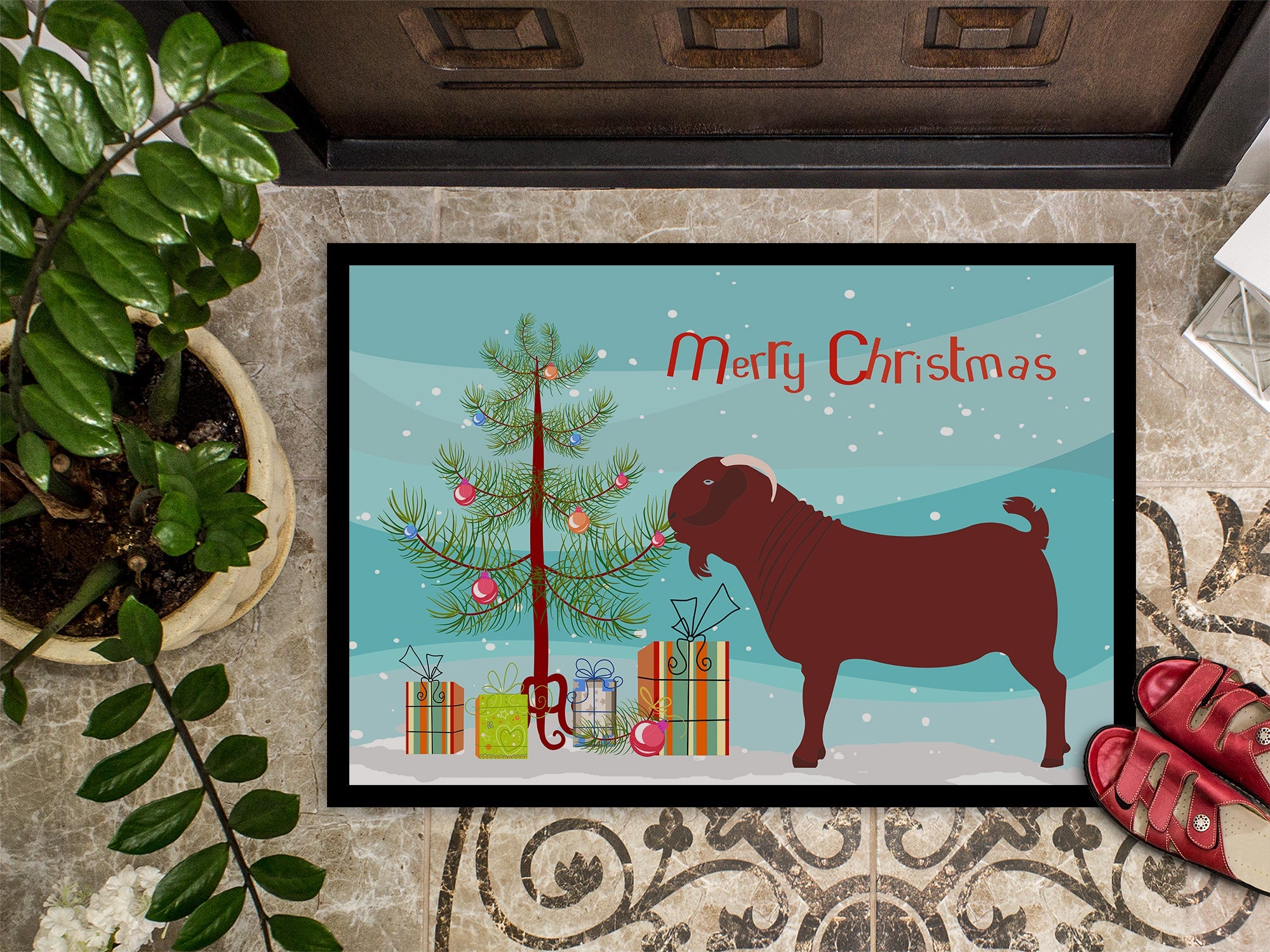 Kalahari Red Goat Christmas Doormat Indoor Outdoor 18H X 27W Front Door Mat Rugs for Entryway, Non Slip Washable