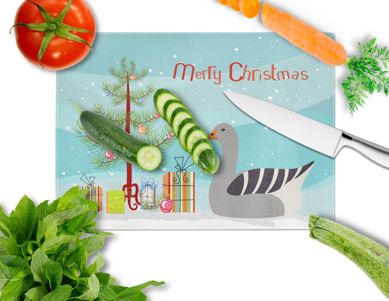 Pilgrim Goose Christmas Cutting Board Tempered Glass Kitchen Cutting Surface, Heat Resistant Chopping, Non-Slip Feet, Food Prep & Serving