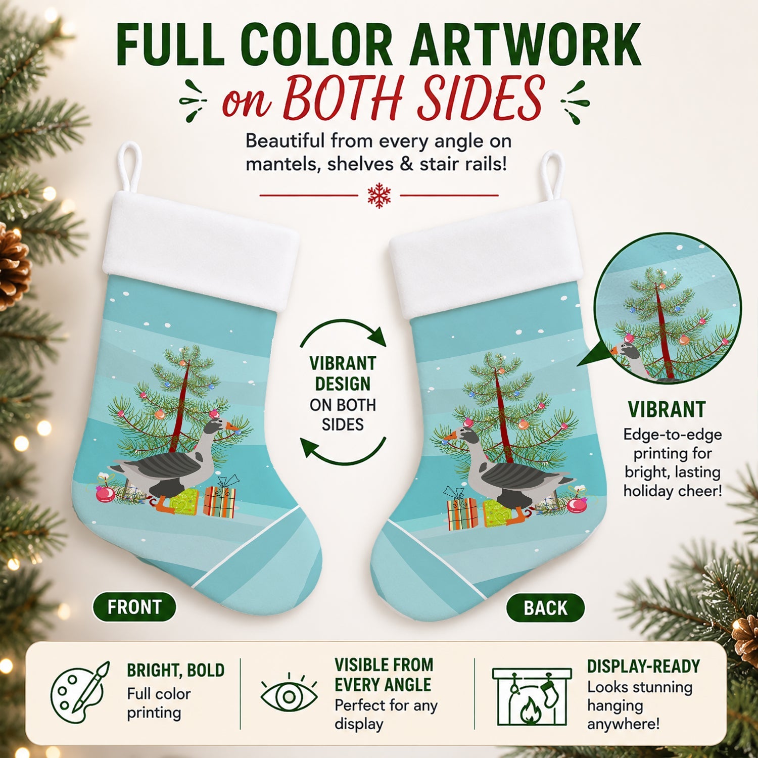 West of England Goose Christmas Holiday Stocking Double-Sided Print, Polyester Suede,11x18, Made in USA