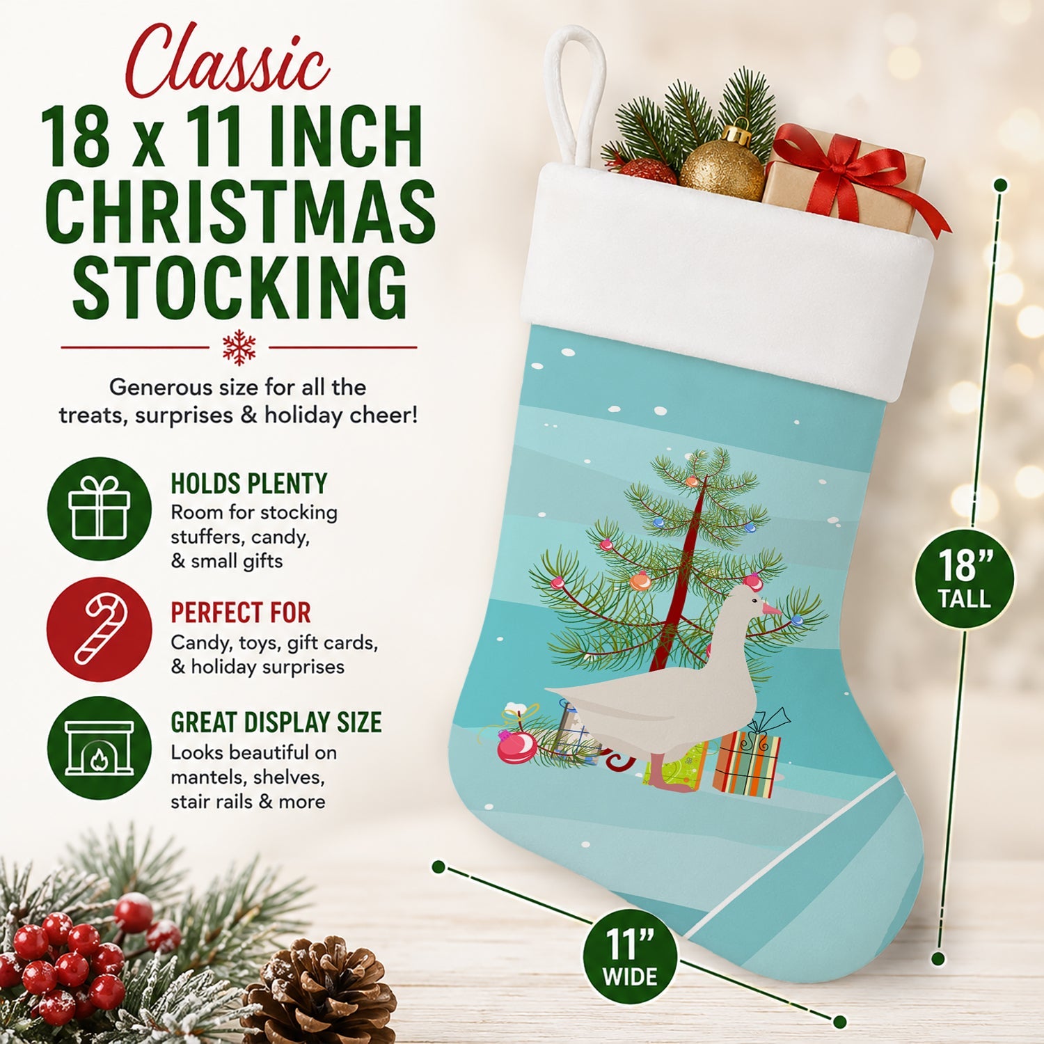 Roman Goose Christmas Holiday Stocking Double-Sided Print, Polyester Suede,11x18, Made in USA