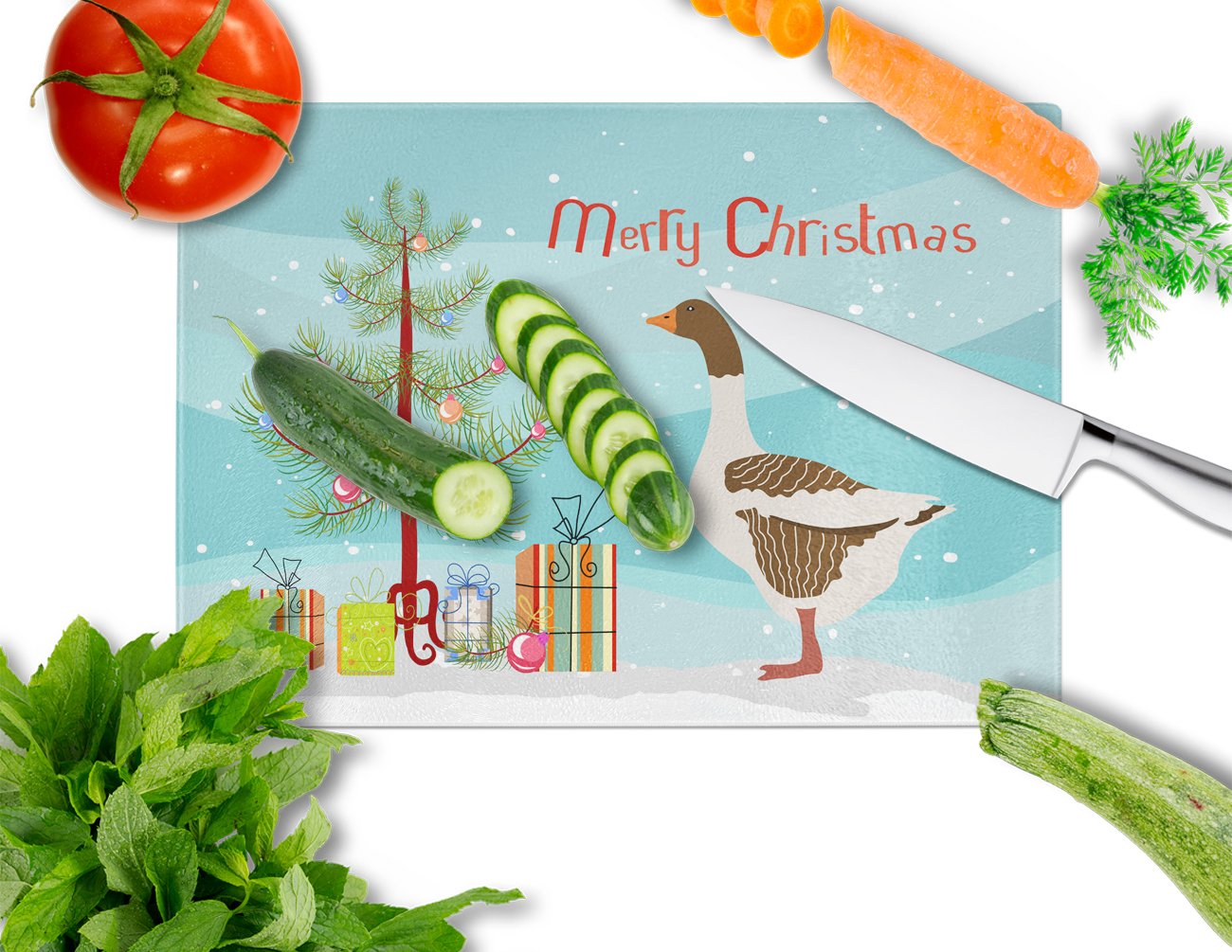 Pomeranian Rogener Goose Christmas Cutting Board Tempered Glass Kitchen Cutting Surface, Heat Resistant Chopping, Non-Slip Feet, Food Prep & Serving