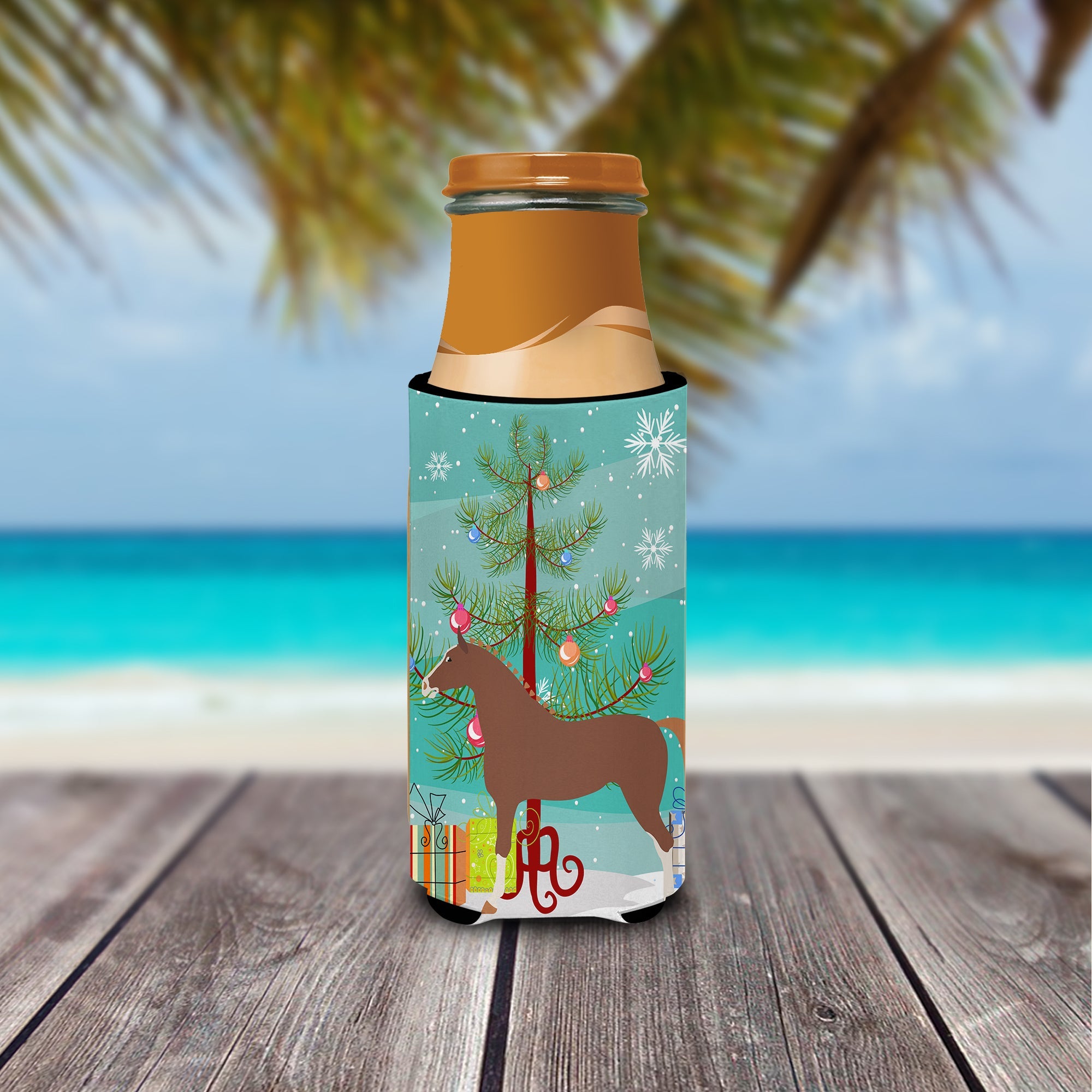 Hannoverian Horse Christmas Slim Can Hugger , Insulated Foam Hugger for 12 oz Slim Cans, Beer Bottles & Water Bottles, Printed in USA