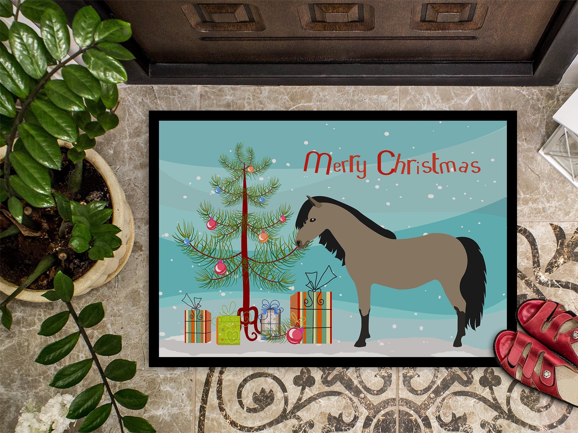 Welsh Pony Horse Christmas Doormat Indoor Outdoor 18H X 27W Front Door Mat Rugs for Entryway, Non Slip Washable