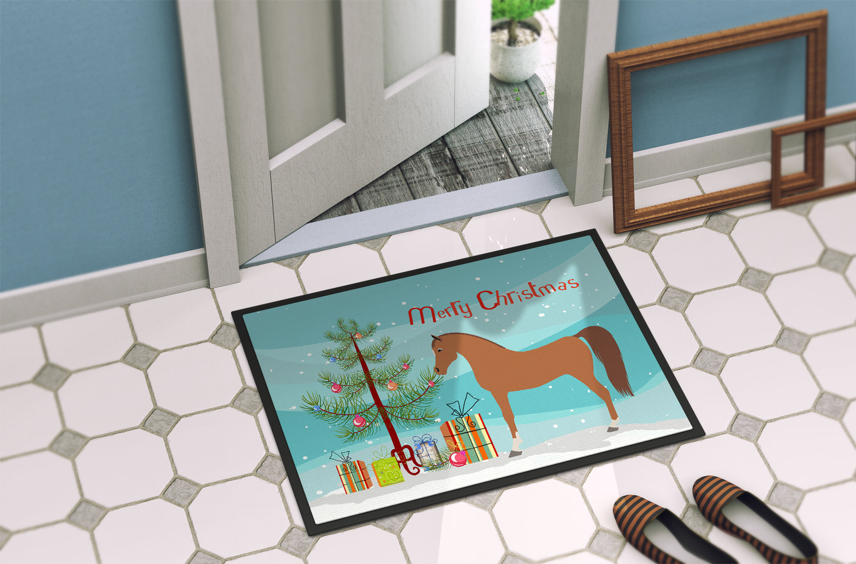 Arabian Horse Christmas Doormat Indoor Outdoor 24H X 36W Front Door Mat Rugs for Entryway, Non Slip Washable Low Pile,