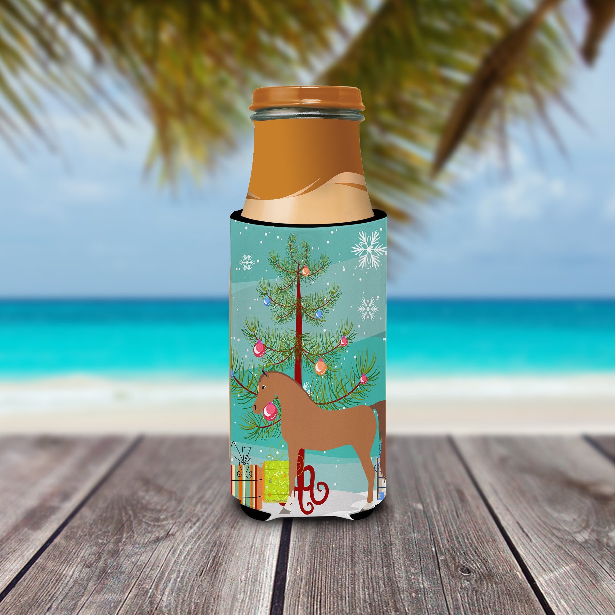 Arabian Horse Christmas Slim Can Hugger , Insulated Foam Hugger for 12 oz Slim Cans, Beer Bottles & Water Bottles, Printed in USA