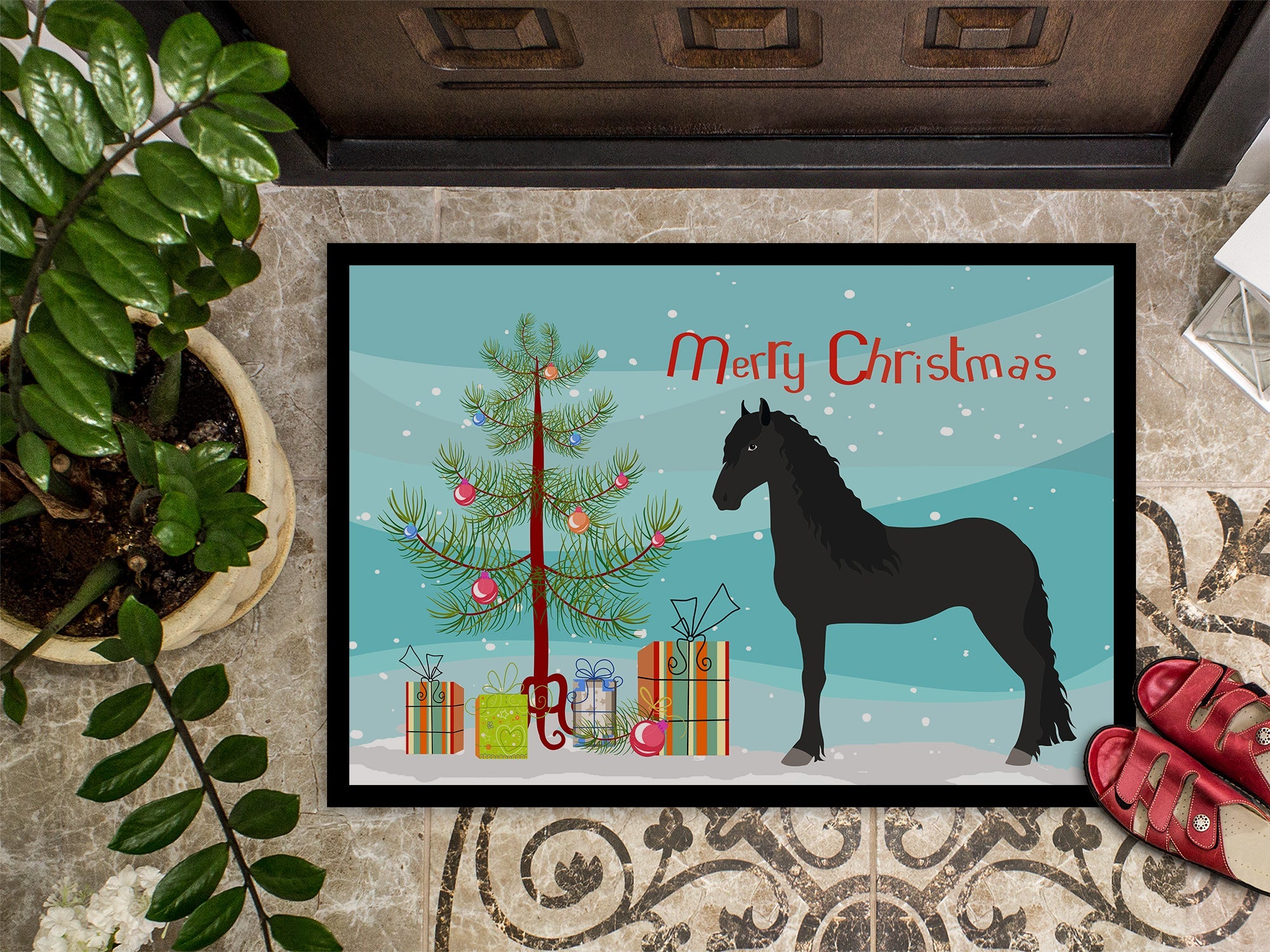 Friesian Horse Christmas Doormat Indoor Outdoor 24H X 36W Front Door Mat Rugs for Entryway, Non Slip Washable Low Pile,