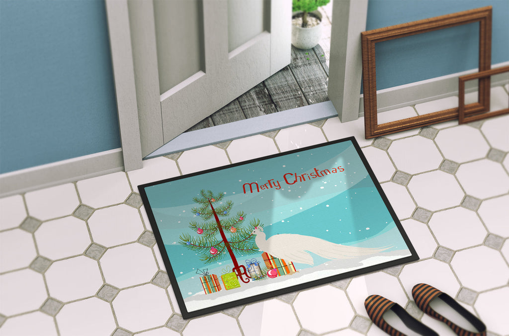 White Peacock Peafowl Christmas Doormat Indoor Outdoor 24H X 36W Front Door Mat Rugs for Entryway, Non Slip Washable Low Pile,