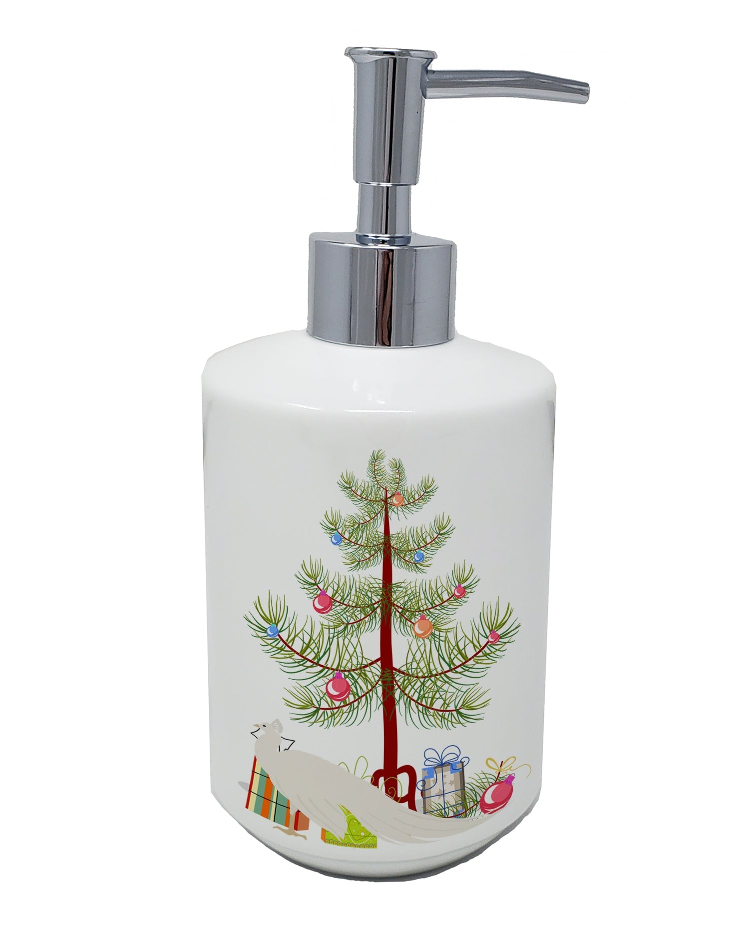 White Peacock Peafowl Christmas Ceramic Soap Dispenser , Empty Refillable Hand Soap Pump Bottle for Bathroom Kitchen