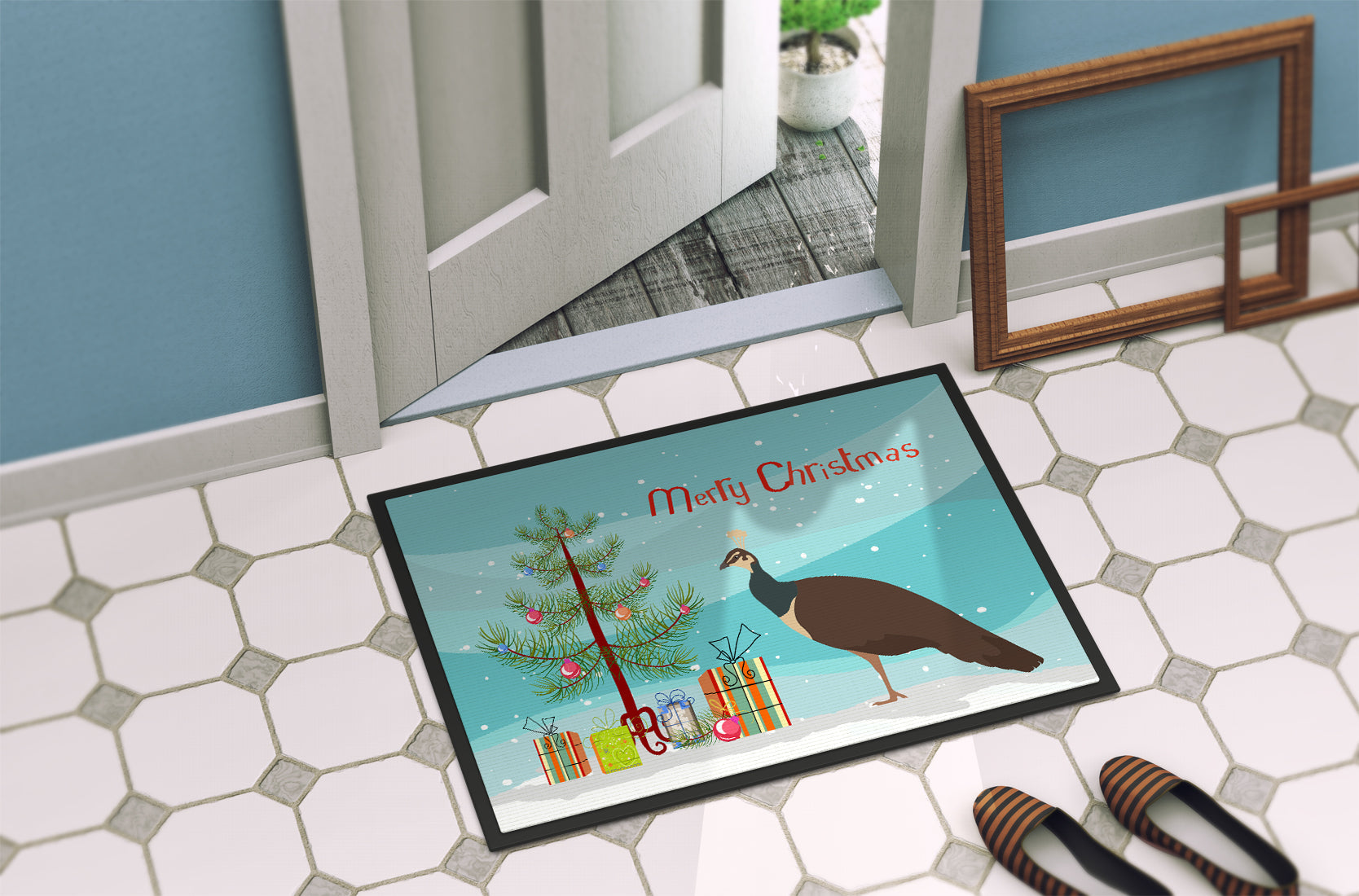Indian Peahen Peafowl Christmas Doormat Indoor Outdoor 24H X 36W Front Door Mat Rugs for Entryway, Non Slip Washable Low Pile,