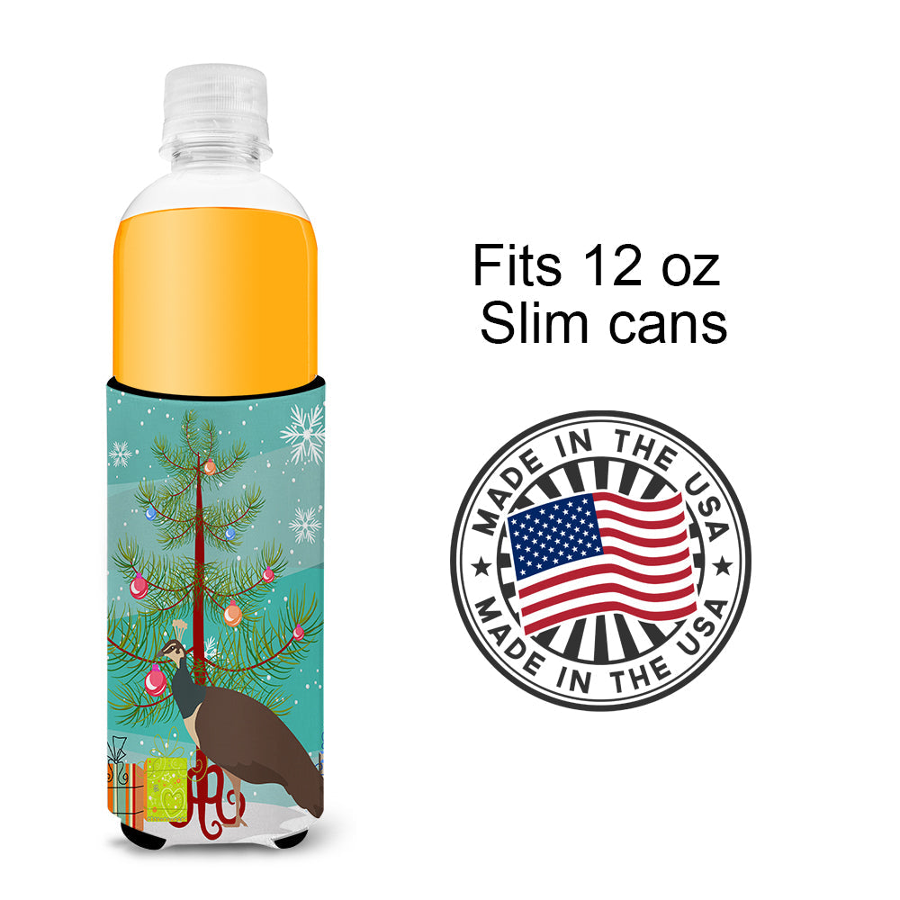 Indian Peahen Peafowl Christmas Slim Can Hugger , Insulated Foam Hugger for 12 oz Slim Cans, Beer Bottles & Water Bottles, Printed in USA