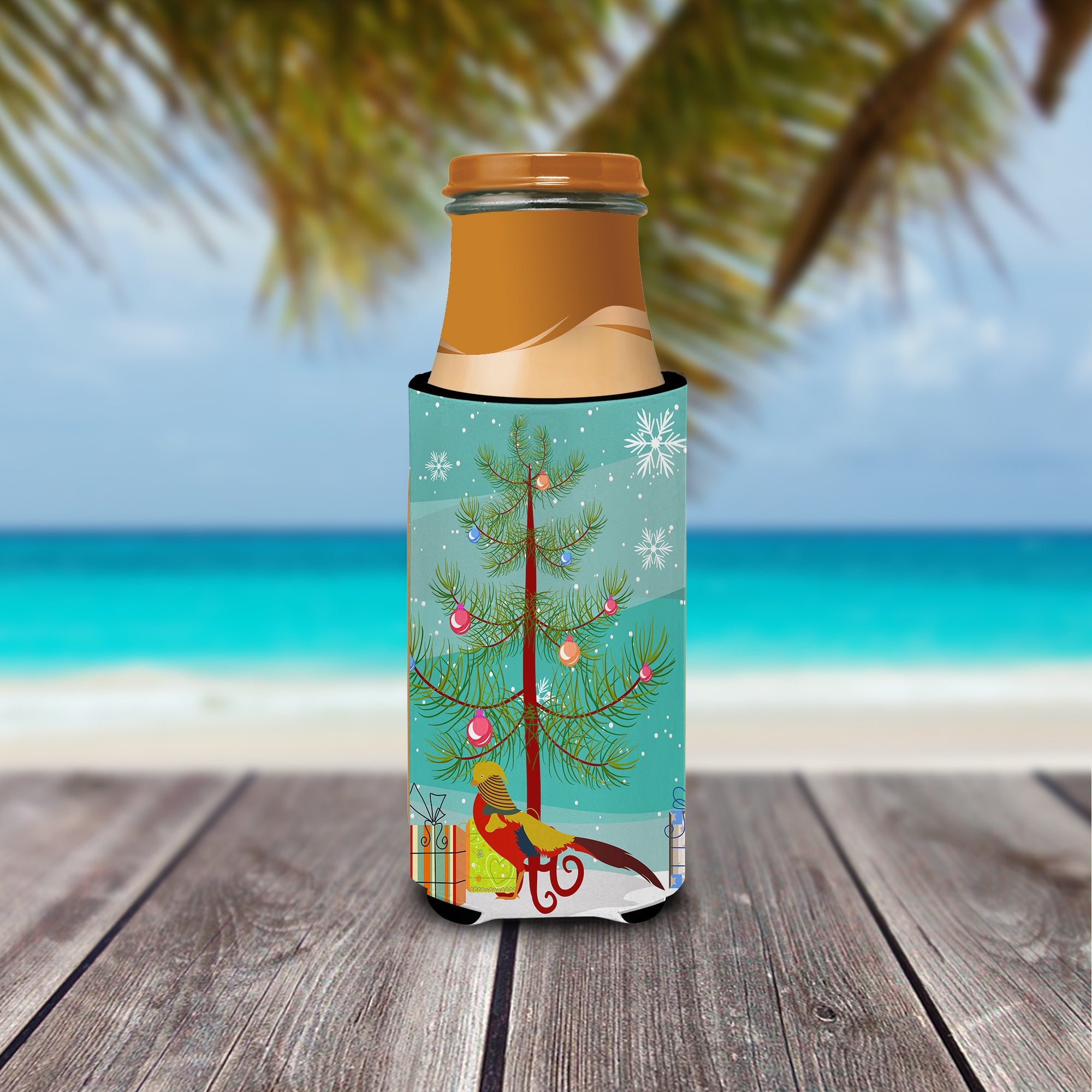 Golden or Chinese Pheasant Christmas Slim Can Hugger , Insulated Foam Hugger for 12 oz Slim Cans, Beer Bottles & Water Bottles, Printed in USA