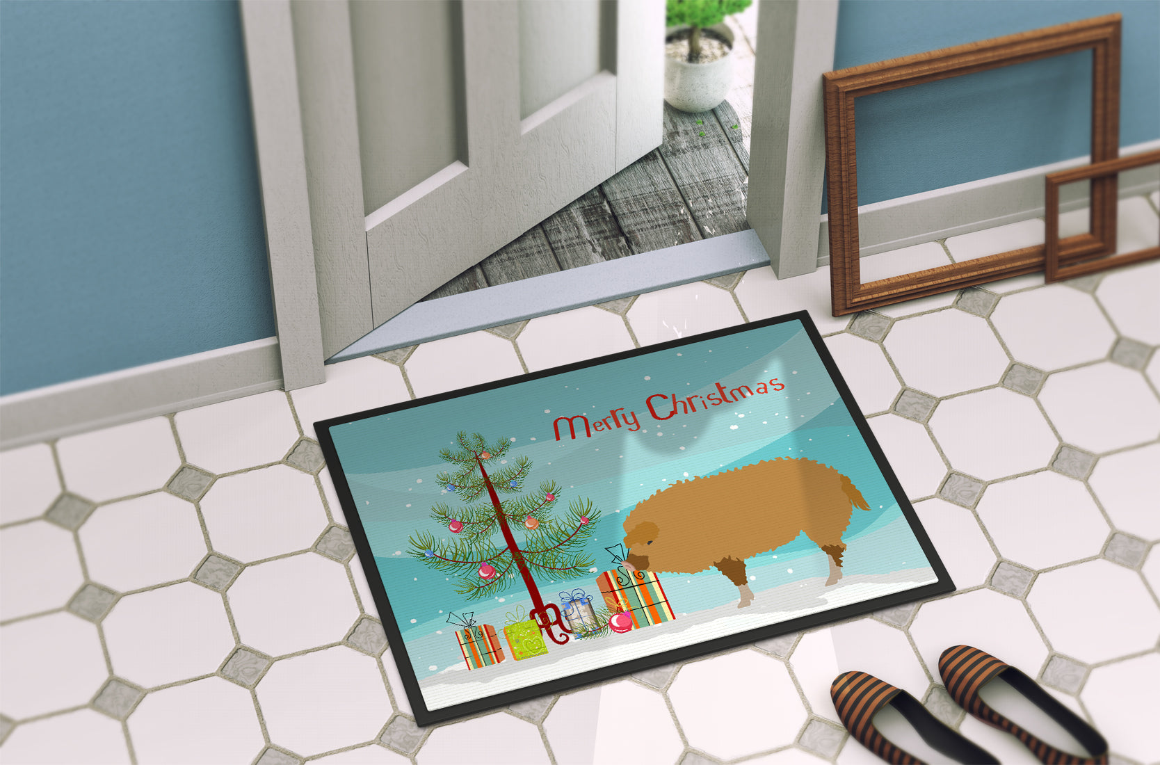 Hungarian Mangalica Pig Christmas Doormat Indoor Outdoor 24H X 36W Front Door Mat Rugs for Entryway, Non Slip Washable Low Pile,