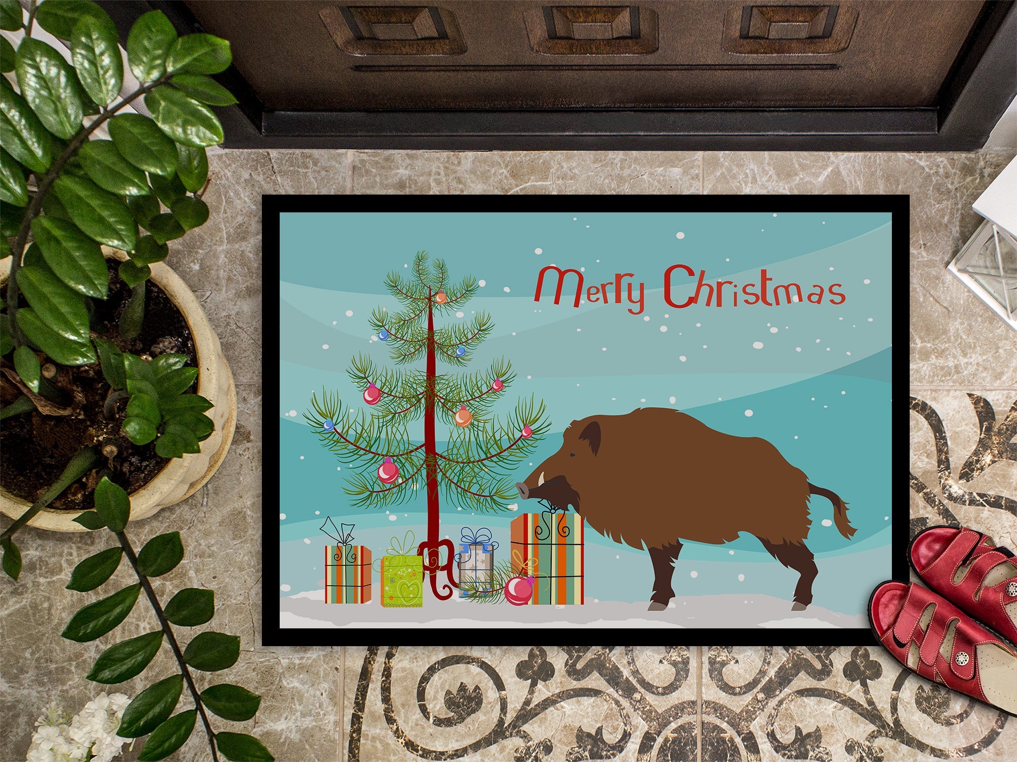 Wild Boar Pig Christmas Doormat Indoor Outdoor 24H X 36W Front Door Mat Rugs for Entryway, Non Slip Washable Low Pile,