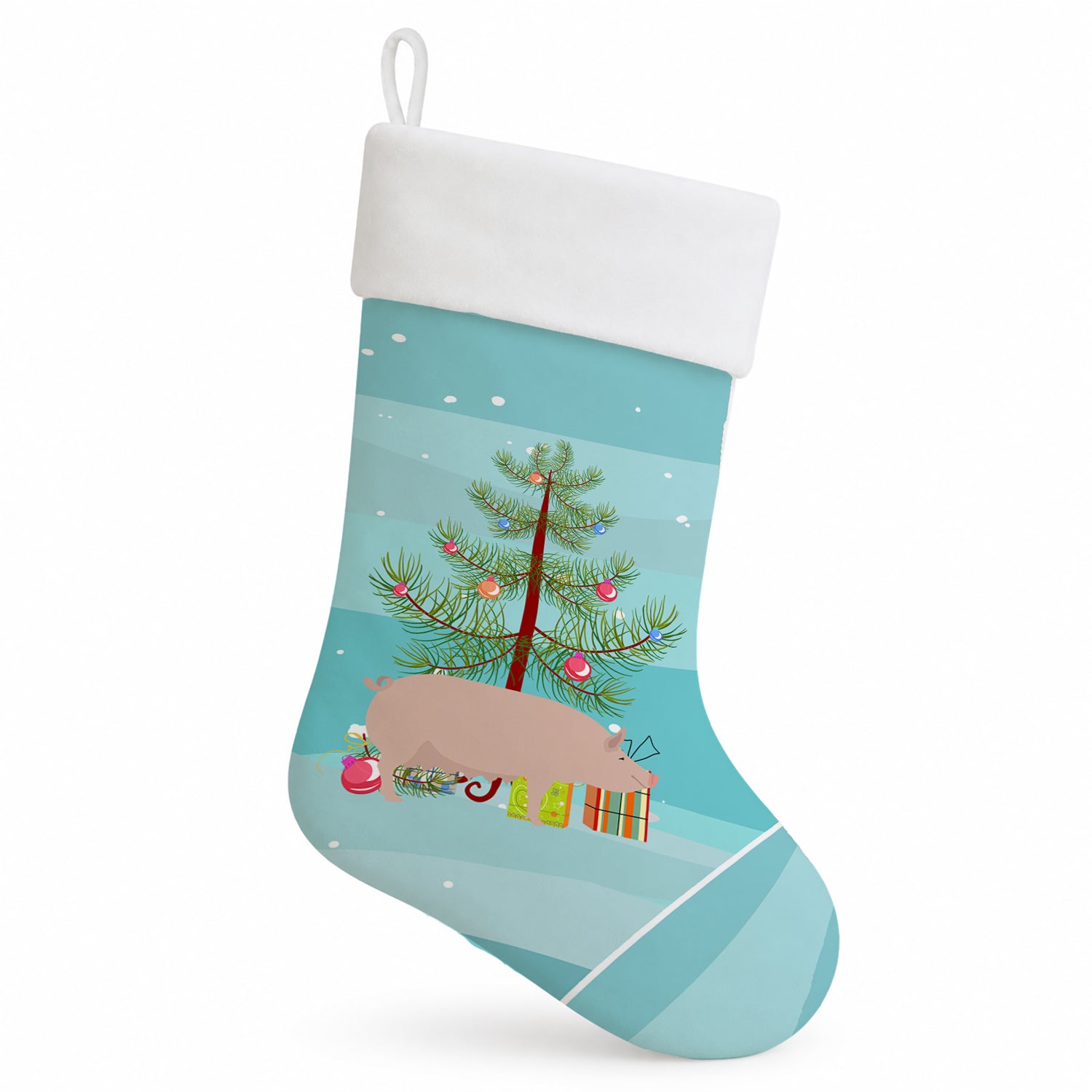 English Large White Pig Christmas Holiday Stocking Double-Sided Print, Polyester Suede,11x18, Made in USA