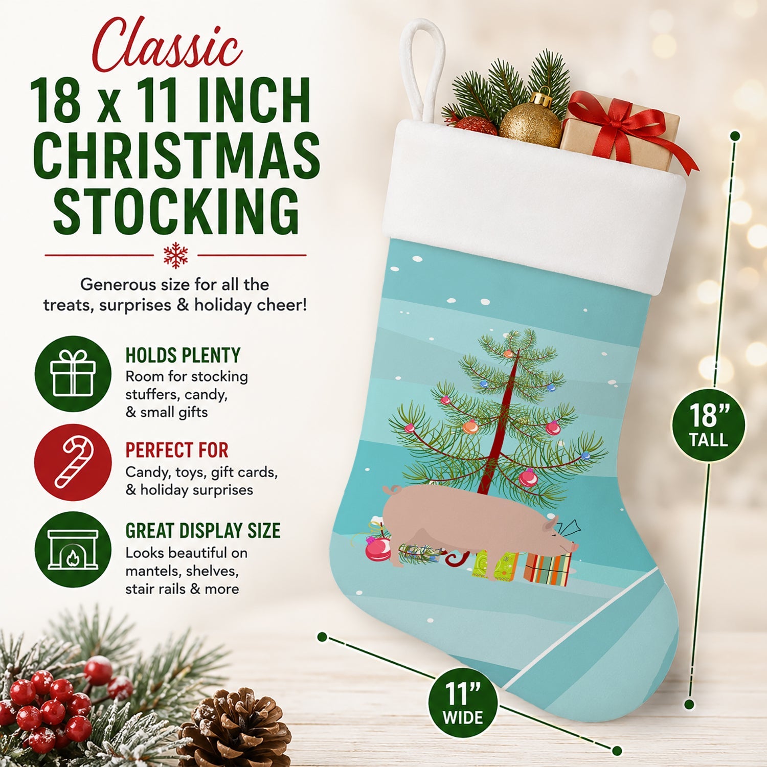 English Large White Pig Christmas Holiday Stocking Double-Sided Print, Polyester Suede,11x18, Made in USA