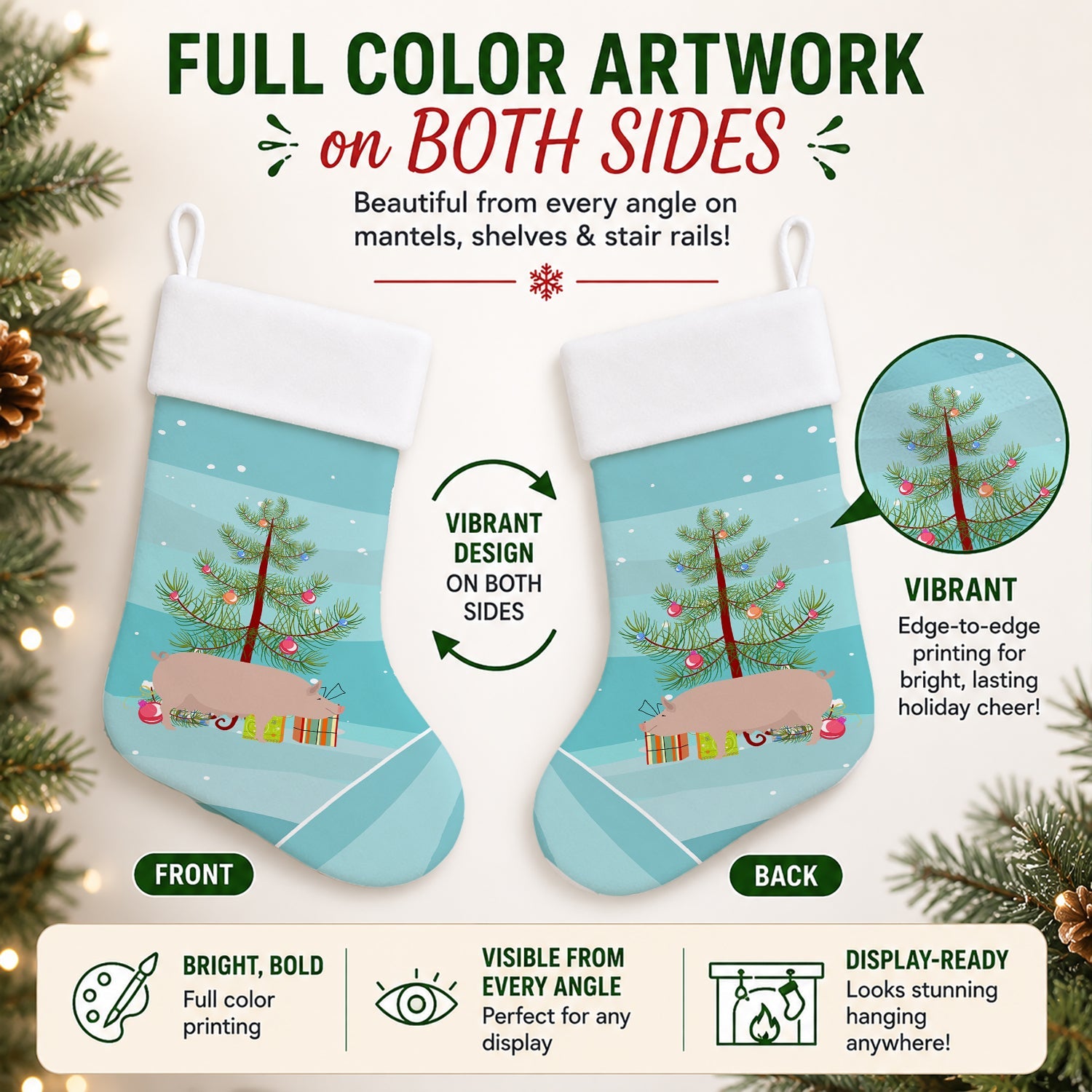 English Large White Pig Christmas Holiday Stocking Double-Sided Print, Polyester Suede,11x18, Made in USA