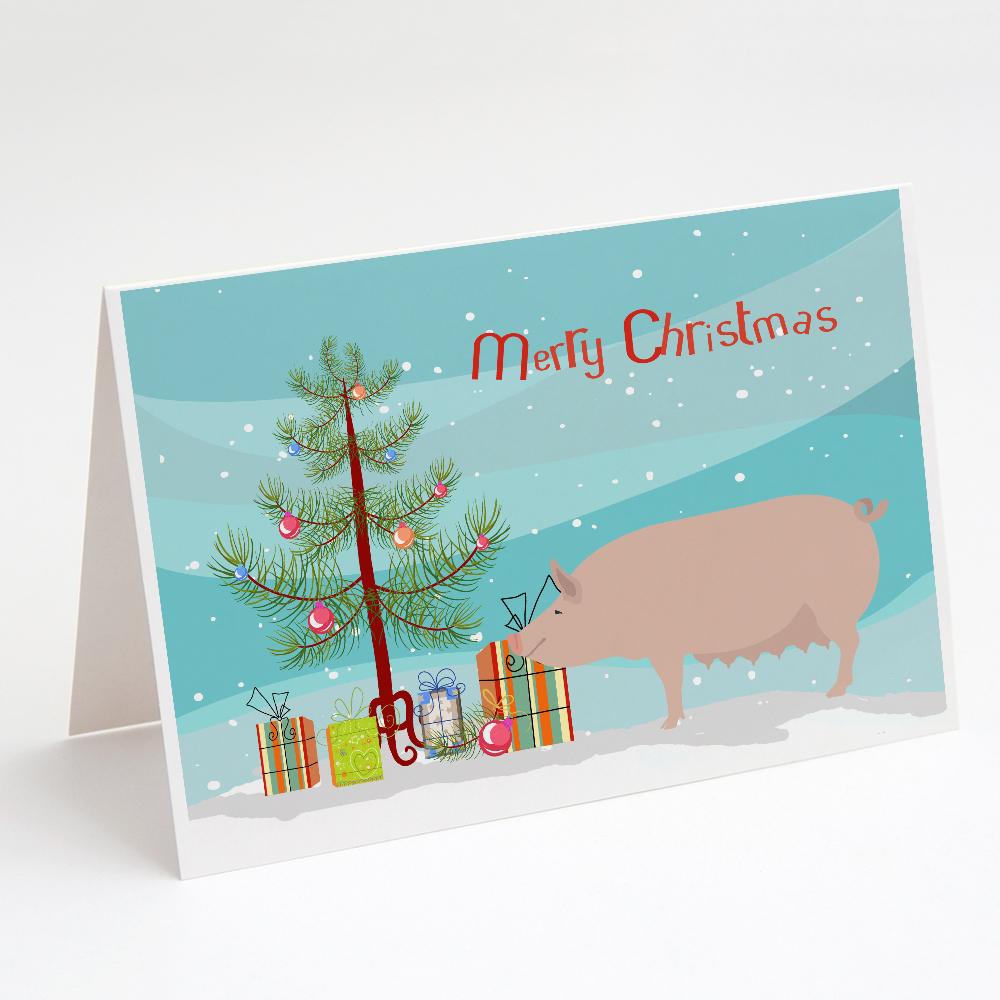 English Large White Pig Christmas Greeting Cards Pack of 8 Blank Cards with Envelopes Whimsical A7 Size 5x7