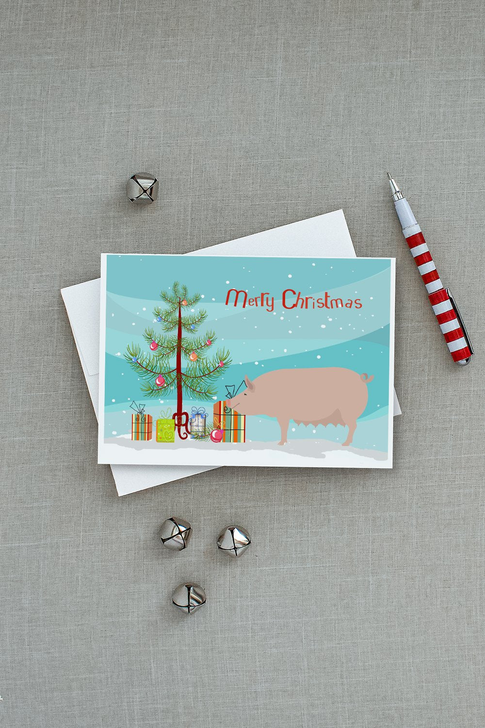 English Large White Pig Christmas Greeting Cards Pack of 8 Blank Cards with Envelopes Whimsical A7 Size 5x7