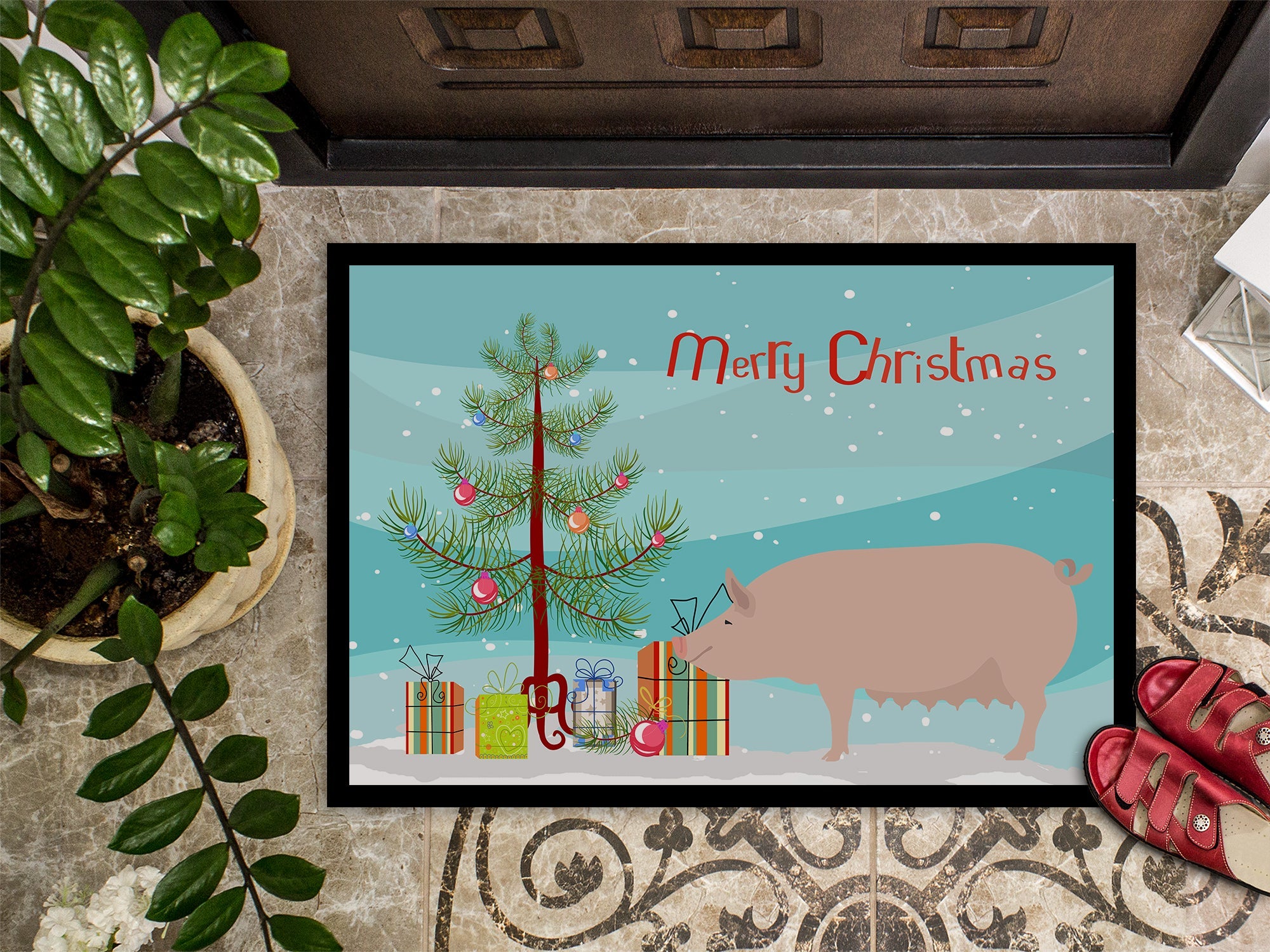 English Large White Pig Christmas Doormat Indoor Outdoor 24H X 36W Front Door Mat Rugs for Entryway, Non Slip Washable Low Pile,