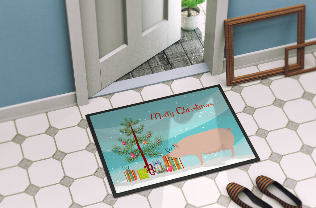English Large White Pig Christmas Doormat Indoor Outdoor 18H X 27W Front Door Mat Rugs for Entryway, Non Slip Washable