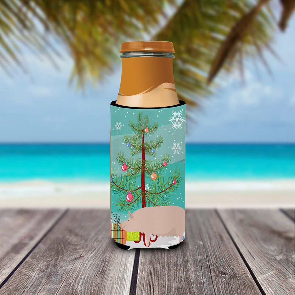 English Large White Pig Christmas Slim Can Hugger , Insulated Foam Hugger for 12 oz Slim Cans, Beer Bottles & Water Bottles, Printed in USA