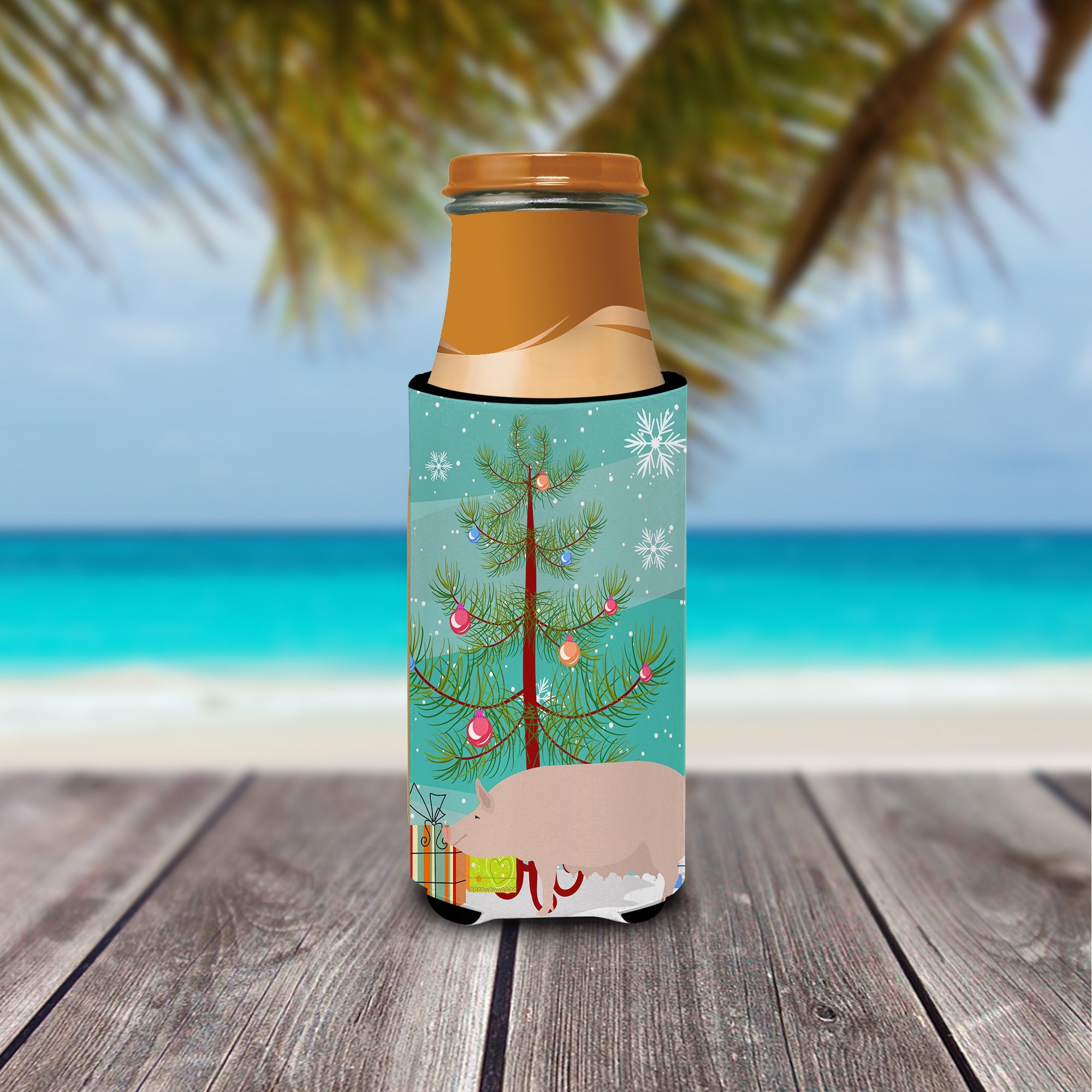 English Large White Pig Christmas Slim Can Hugger , Insulated Foam Hugger for 12 oz Slim Cans, Beer Bottles & Water Bottles, Printed in USA