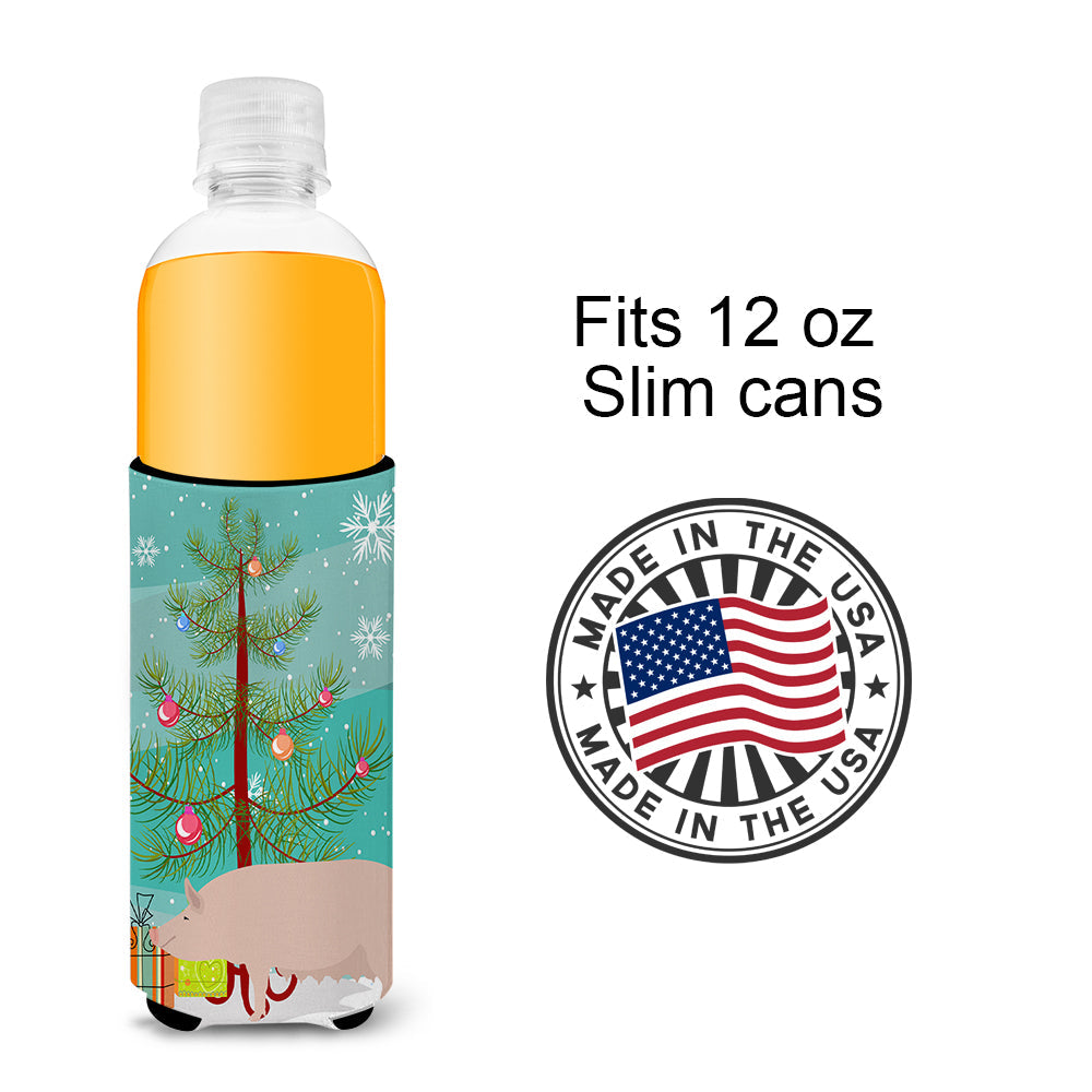 English Large White Pig Christmas Slim Can Hugger , Insulated Foam Hugger for 12 oz Slim Cans, Beer Bottles & Water Bottles, Printed in USA