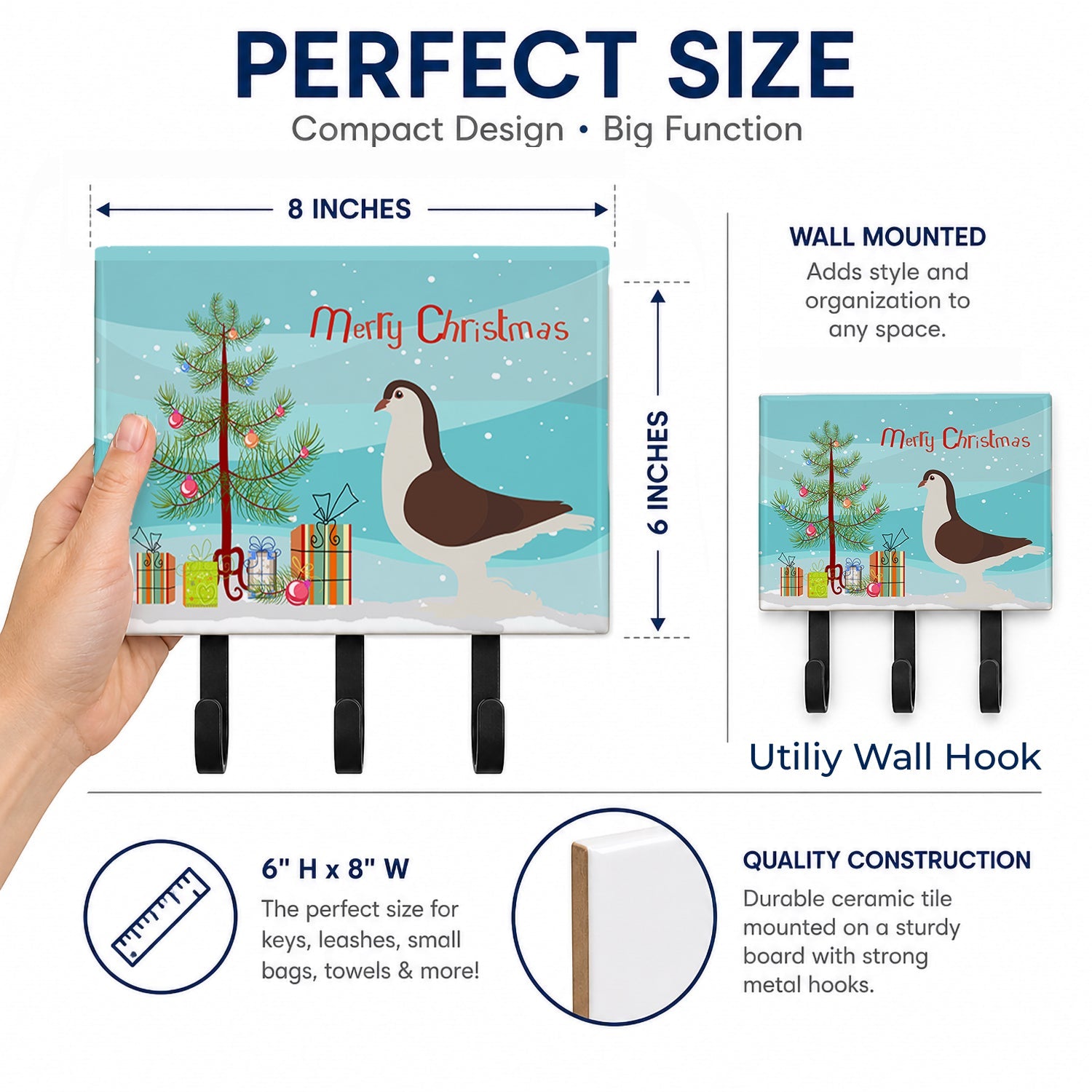 Large Pigeon Christmas Leash or Key Holder Wall Hooks, Coat Rack Wall Mount, for Hanging Keys, Towels, Aprons, Leashes