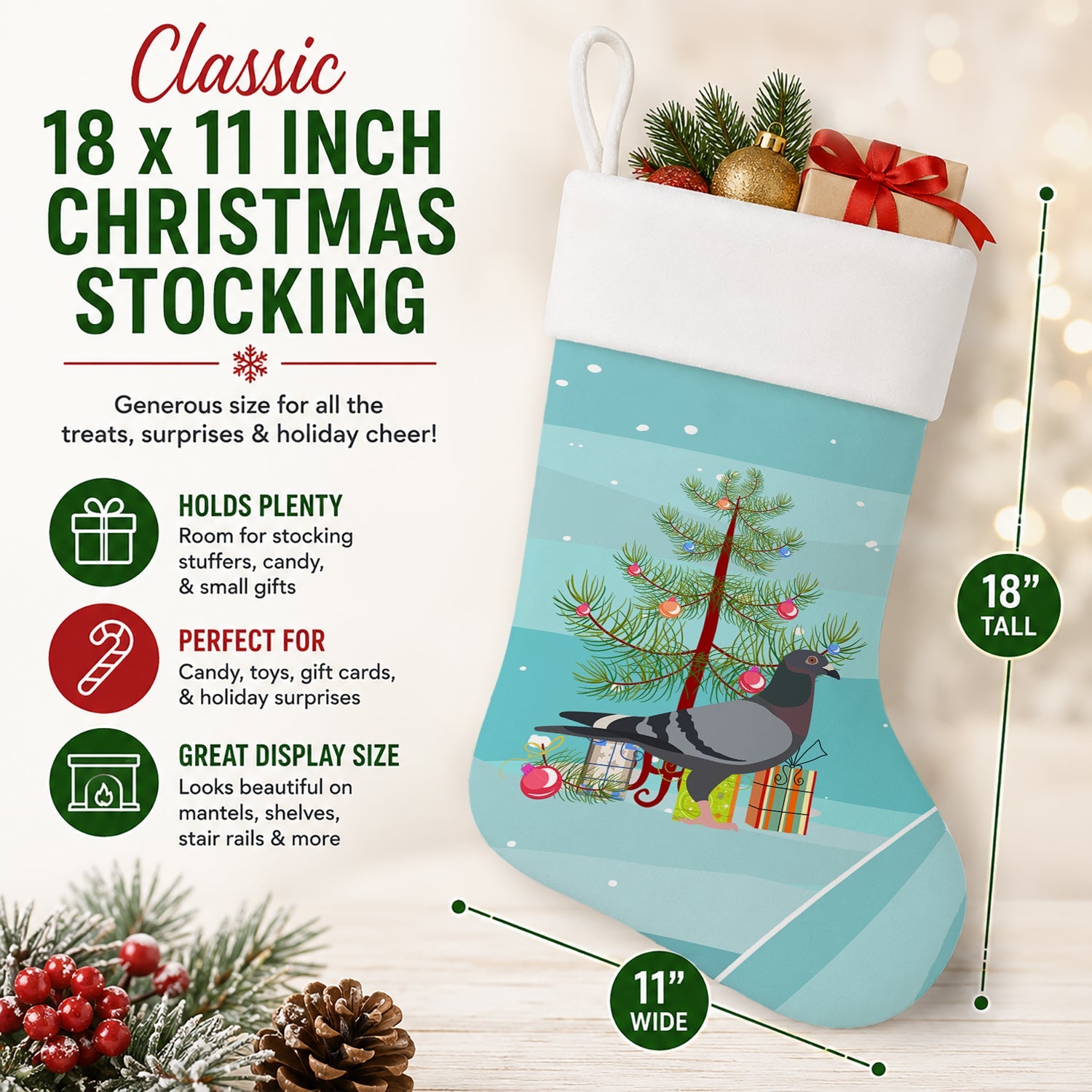 Racing Pigeon Christmas Holiday Stocking Double-Sided Print, Polyester Suede,11x18, Made in USA