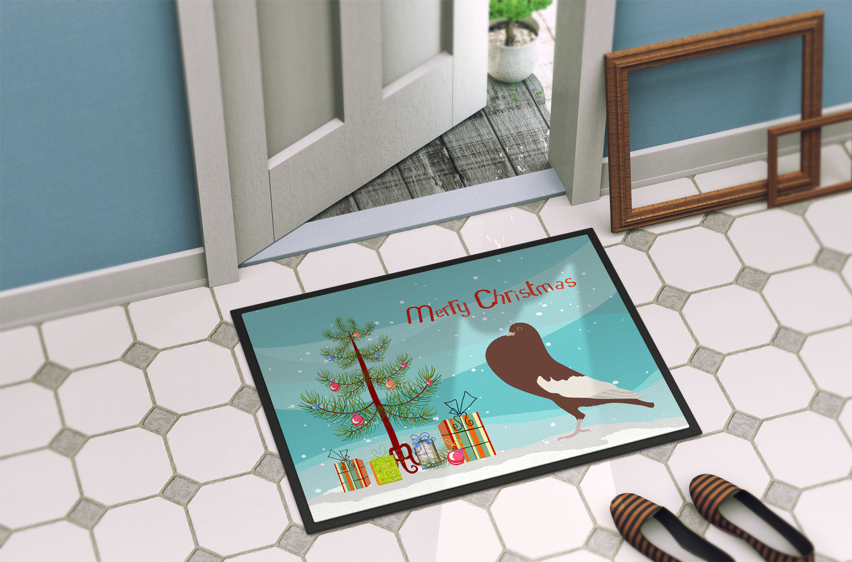 English Pouter Pigeon Christmas Doormat Indoor Outdoor 24H X 36W Front Door Mat Rugs for Entryway, Non Slip Washable Low Pile,