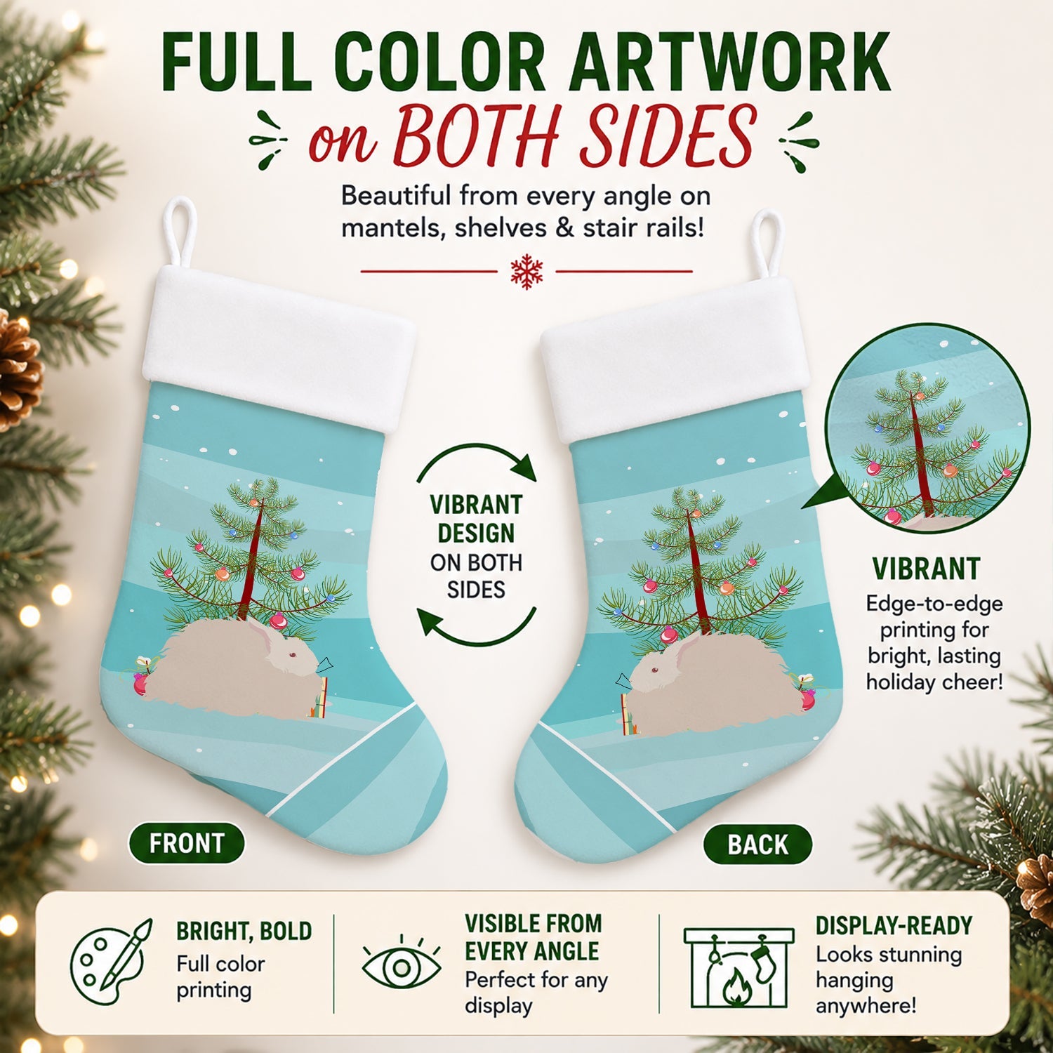 Fluffy Angora Rabbit Christmas Holiday Stocking Double-Sided Print, Polyester Suede,11x18, Made in USA