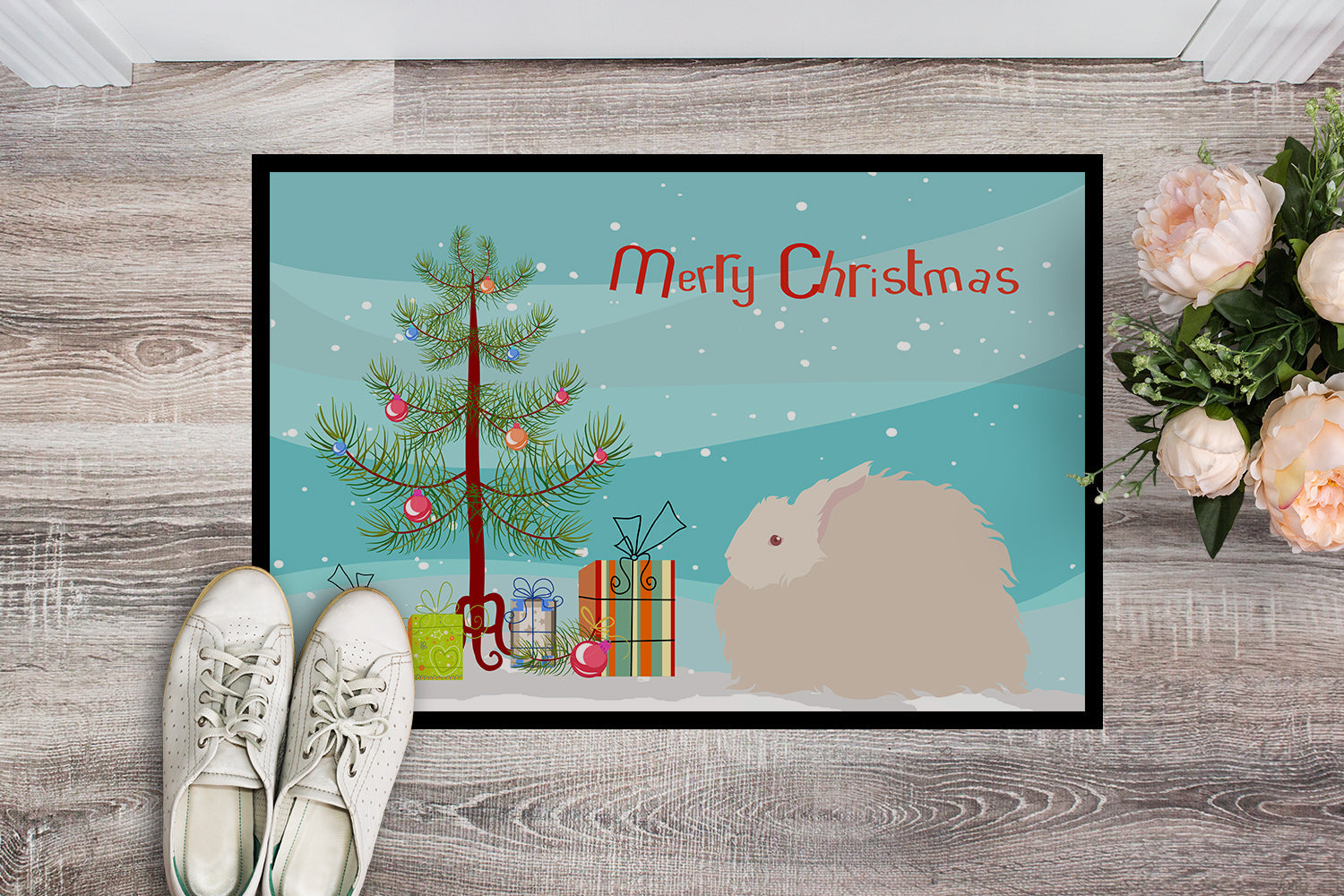 Fluffy Angora Rabbit Christmas Doormat Indoor Outdoor 24H X 36W Front Door Mat Rugs for Entryway, Non Slip Washable Low Pile,