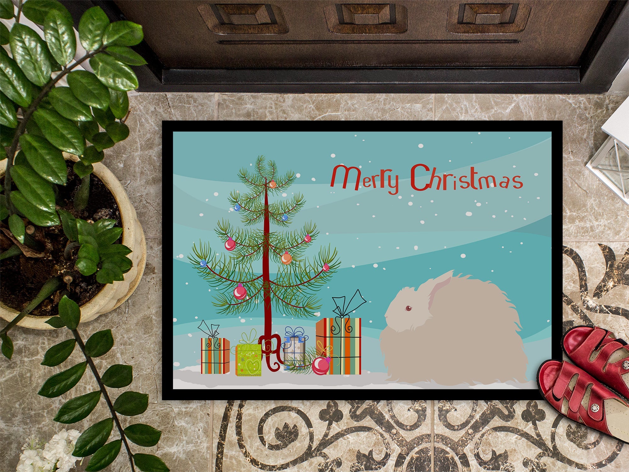 Fluffy Angora Rabbit Christmas Doormat Indoor Outdoor 24H X 36W Front Door Mat Rugs for Entryway, Non Slip Washable Low Pile,