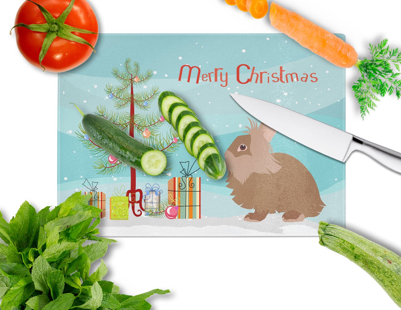 Lionhead Rabbit Christmas Cutting Board Tempered Glass Kitchen Cutting Surface, Heat Resistant Chopping, Non-Slip Feet, Food Prep & Serving