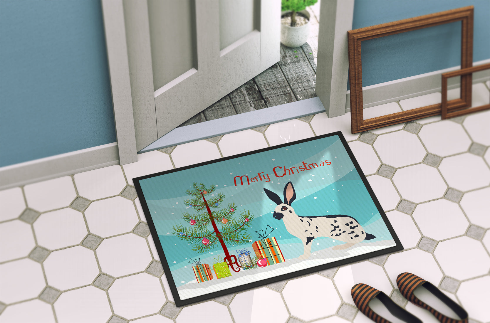 English Spot Rabbit Christmas Doormat Indoor Outdoor 24H X 36W Front Door Mat Rugs for Entryway, Non Slip Washable Low Pile,