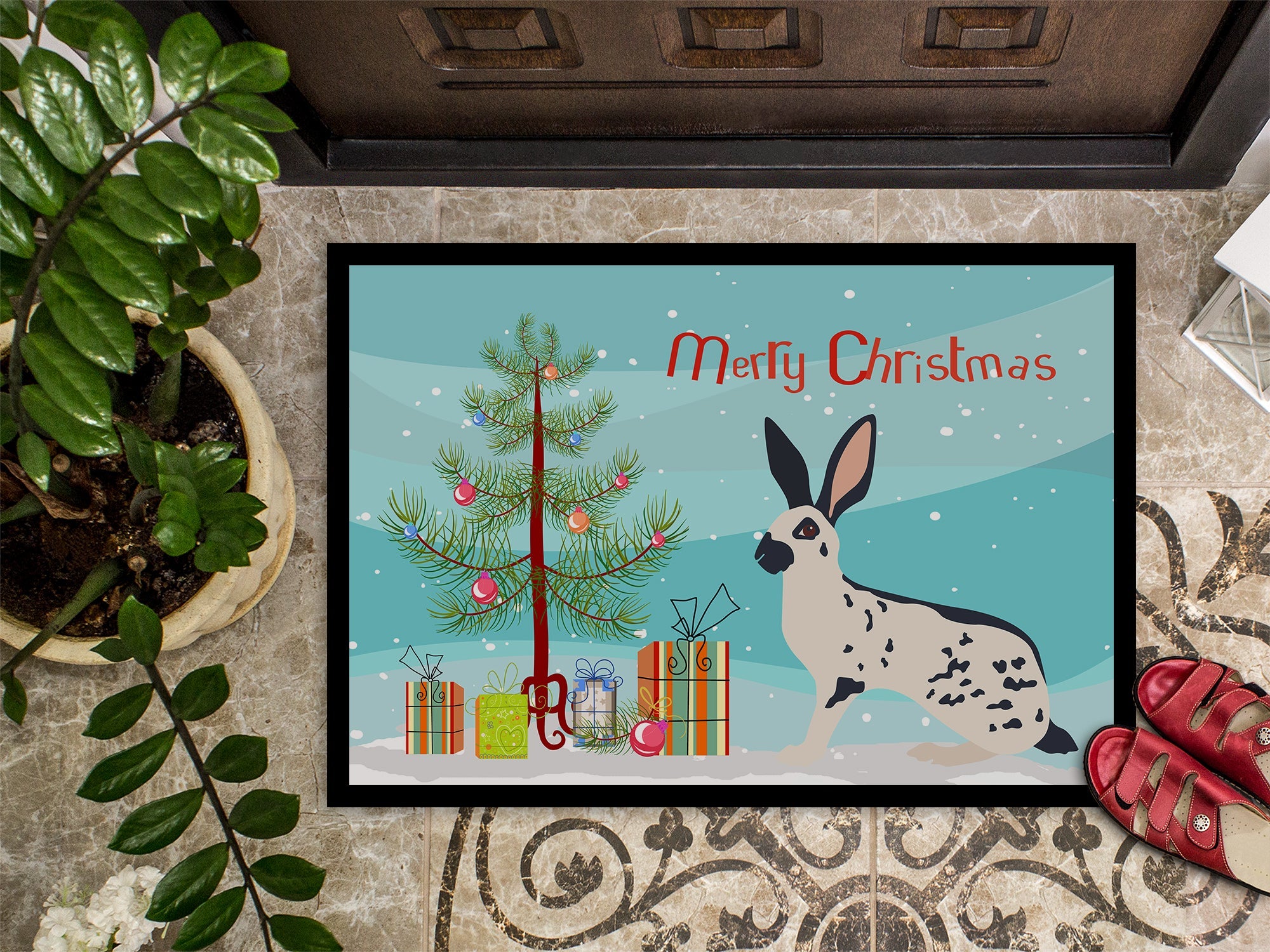English Spot Rabbit Christmas Doormat Indoor Outdoor 18H X 27W Front Door Mat Rugs for Entryway, Non Slip Washable