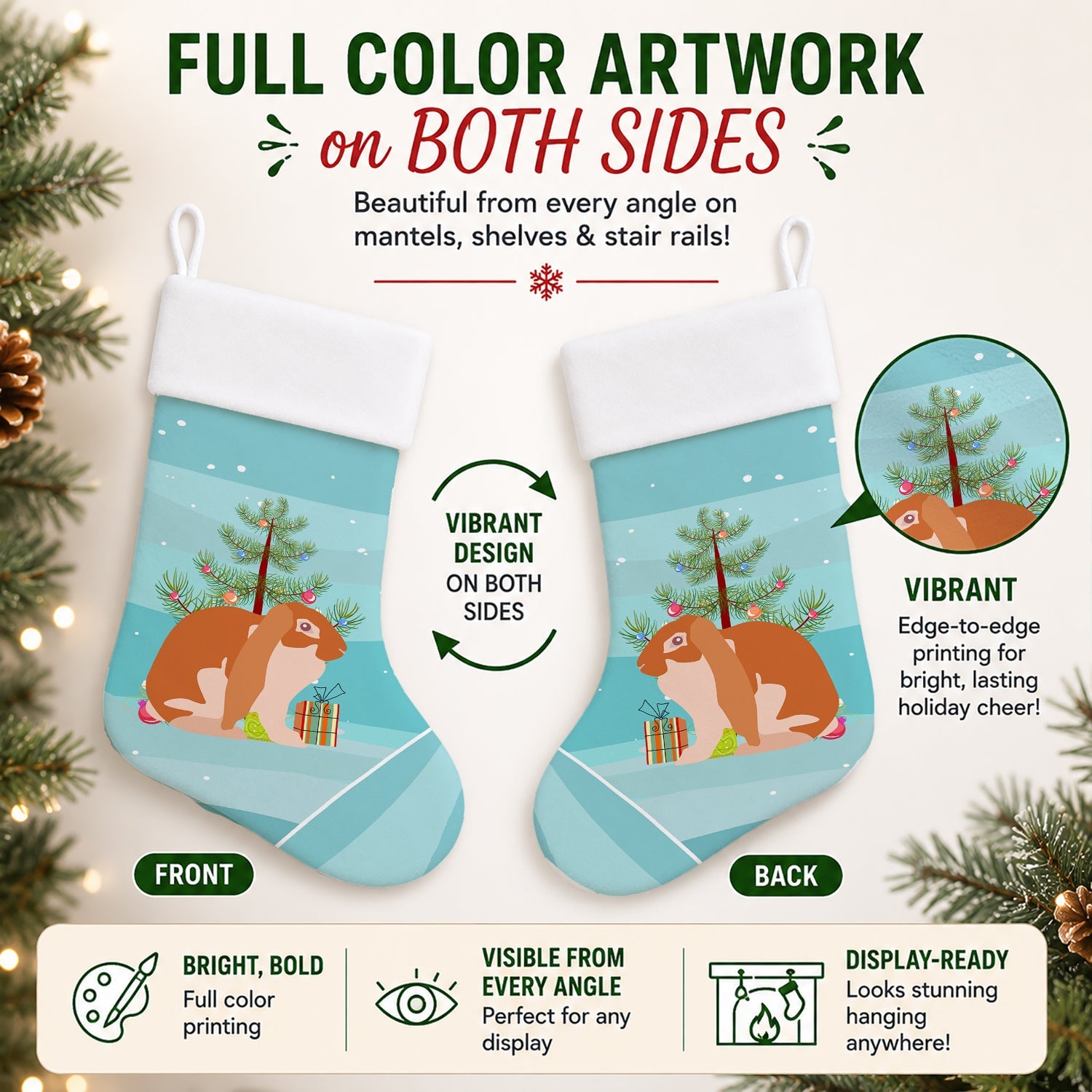 English Lop Rabbit Christmas Holiday Stocking Double-Sided Print, Polyester Suede,11x18, Made in USA