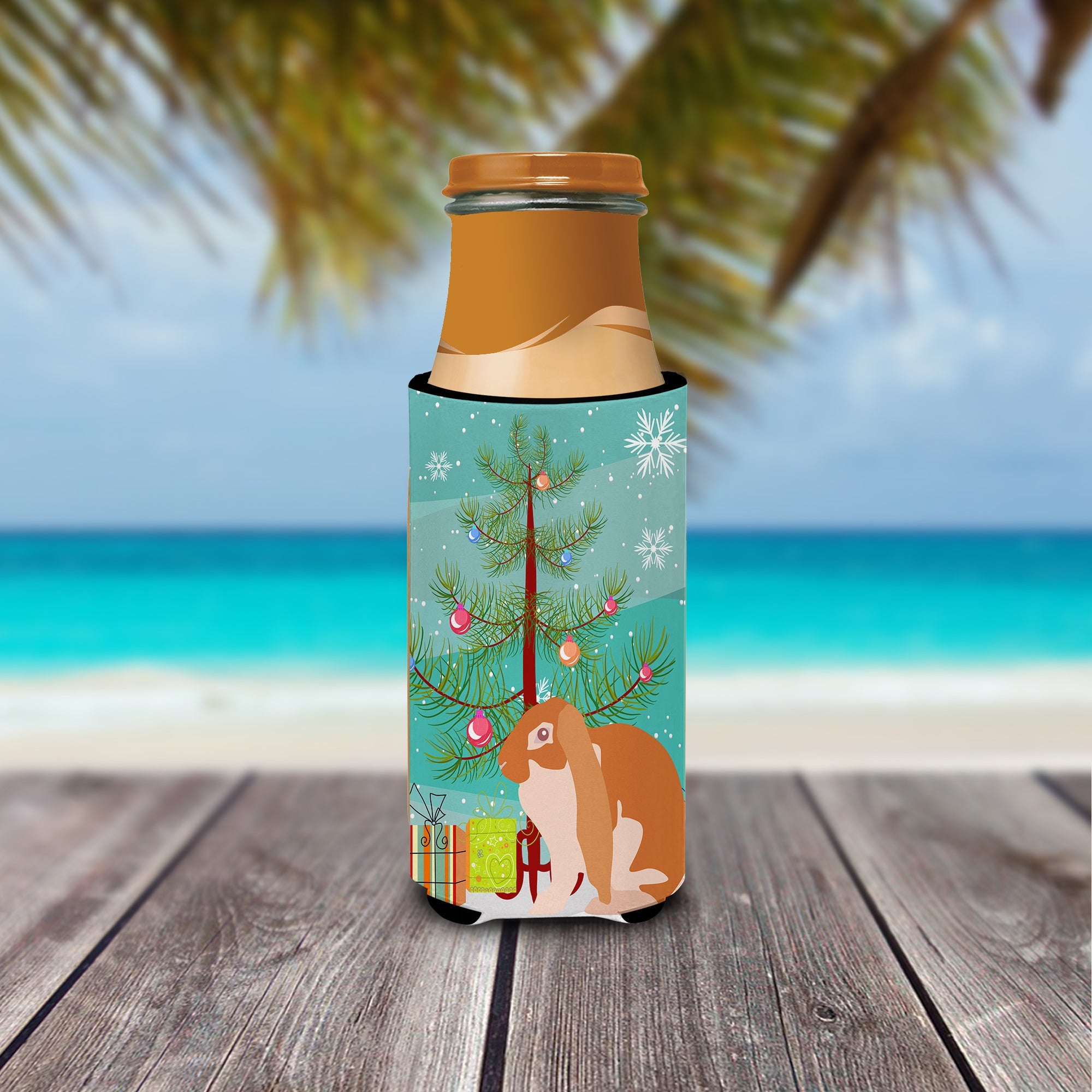 English Lop Rabbit Christmas Slim Can Hugger , Insulated Foam Hugger for 12 oz Slim Cans, Beer Bottles & Water Bottles, Printed in USA