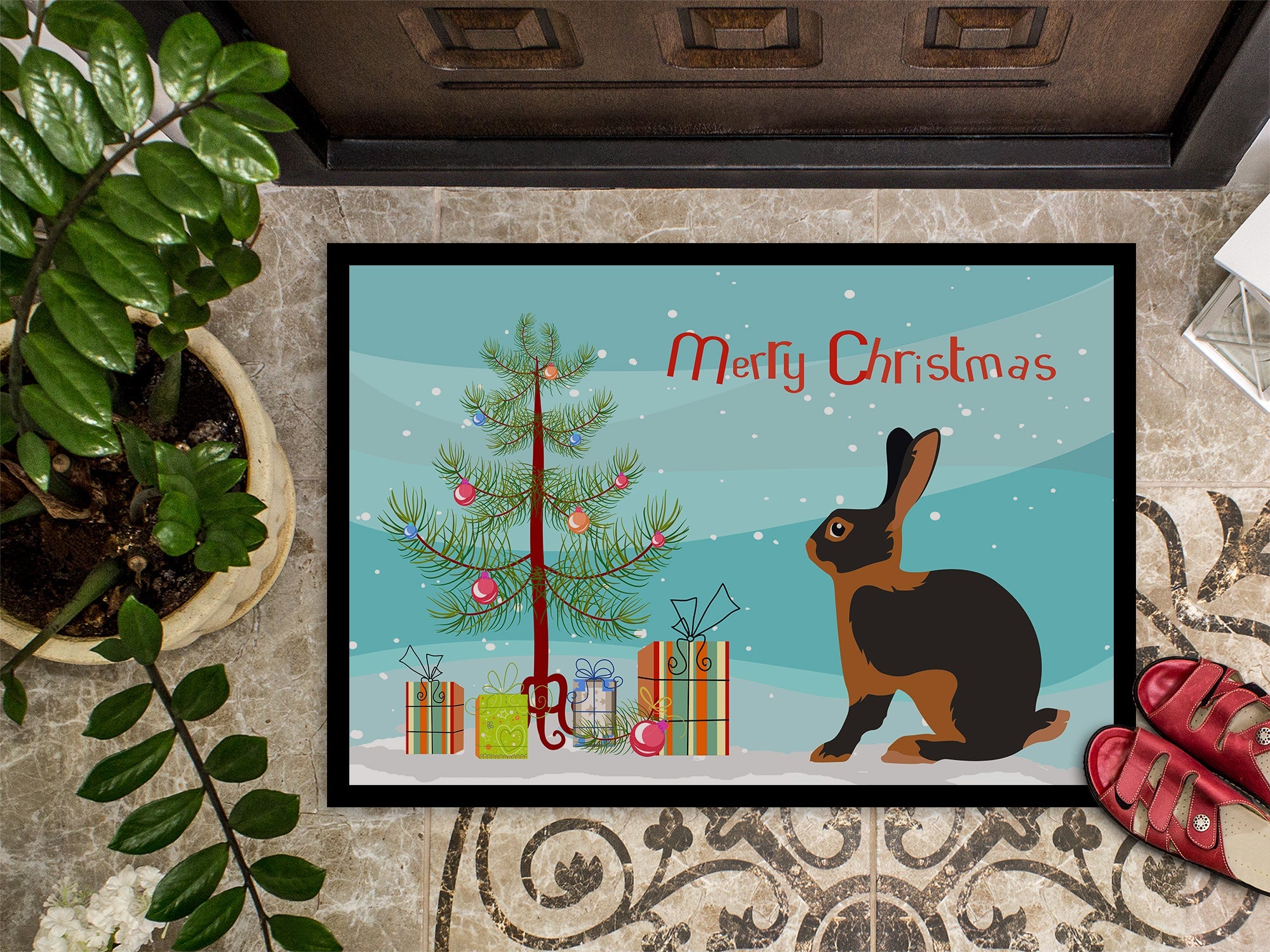 Tan Rabbit Christmas Doormat Indoor Outdoor 24H X 36W Front Door Mat Rugs for Entryway, Non Slip Washable Low Pile,