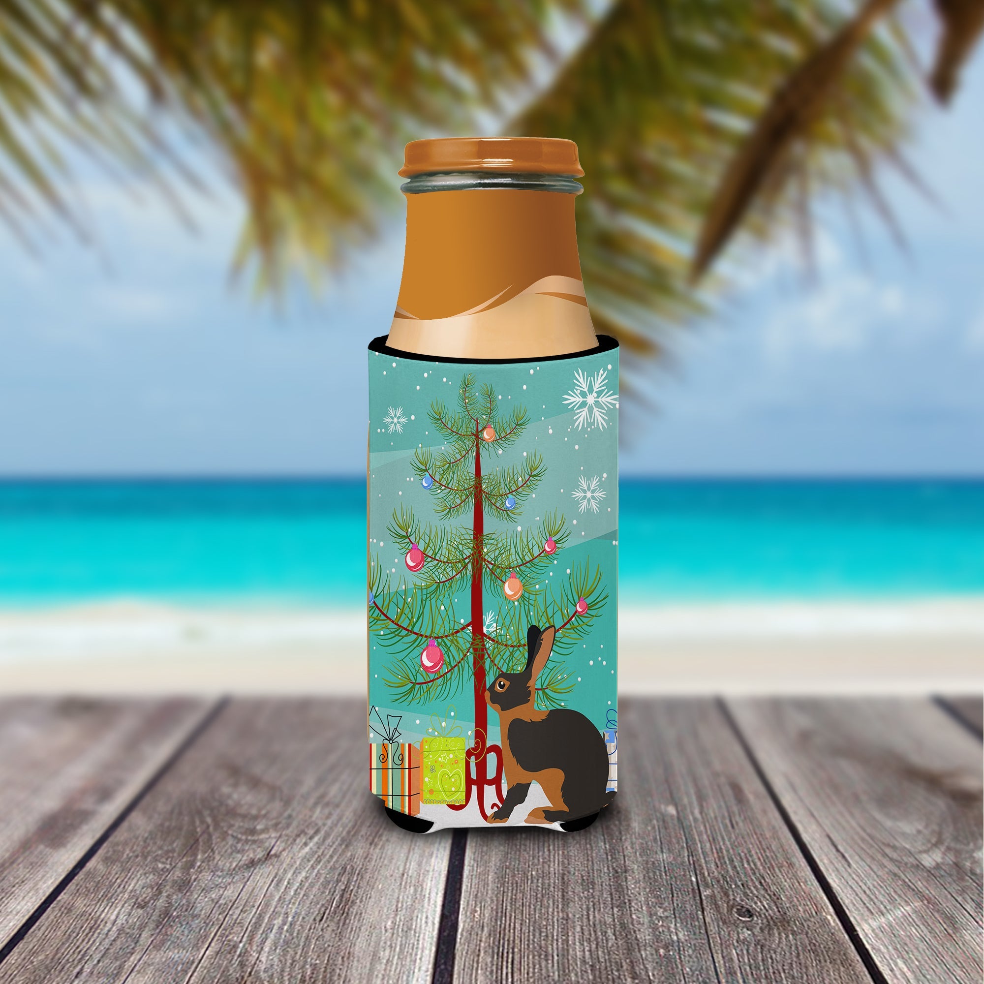 Tan Rabbit Christmas Slim Can Hugger , Insulated Foam Hugger for 12 oz Slim Cans, Beer Bottles & Water Bottles, Printed in USA